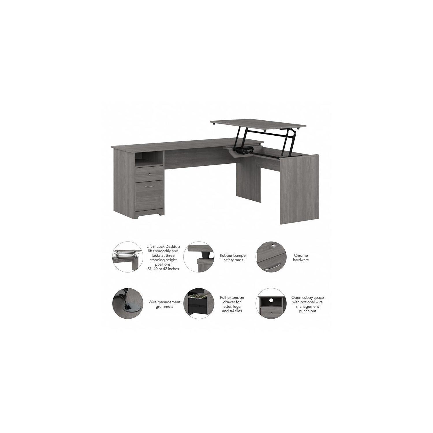 Cabot 72W 3 Position Sit to Stand L Shaped Desk in Modern Gray - Engineered Wood