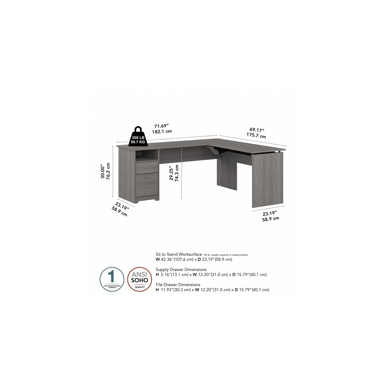Cabot 72W 3 Position Sit to Stand L Shaped Desk in Modern Gray - Engineered Wood