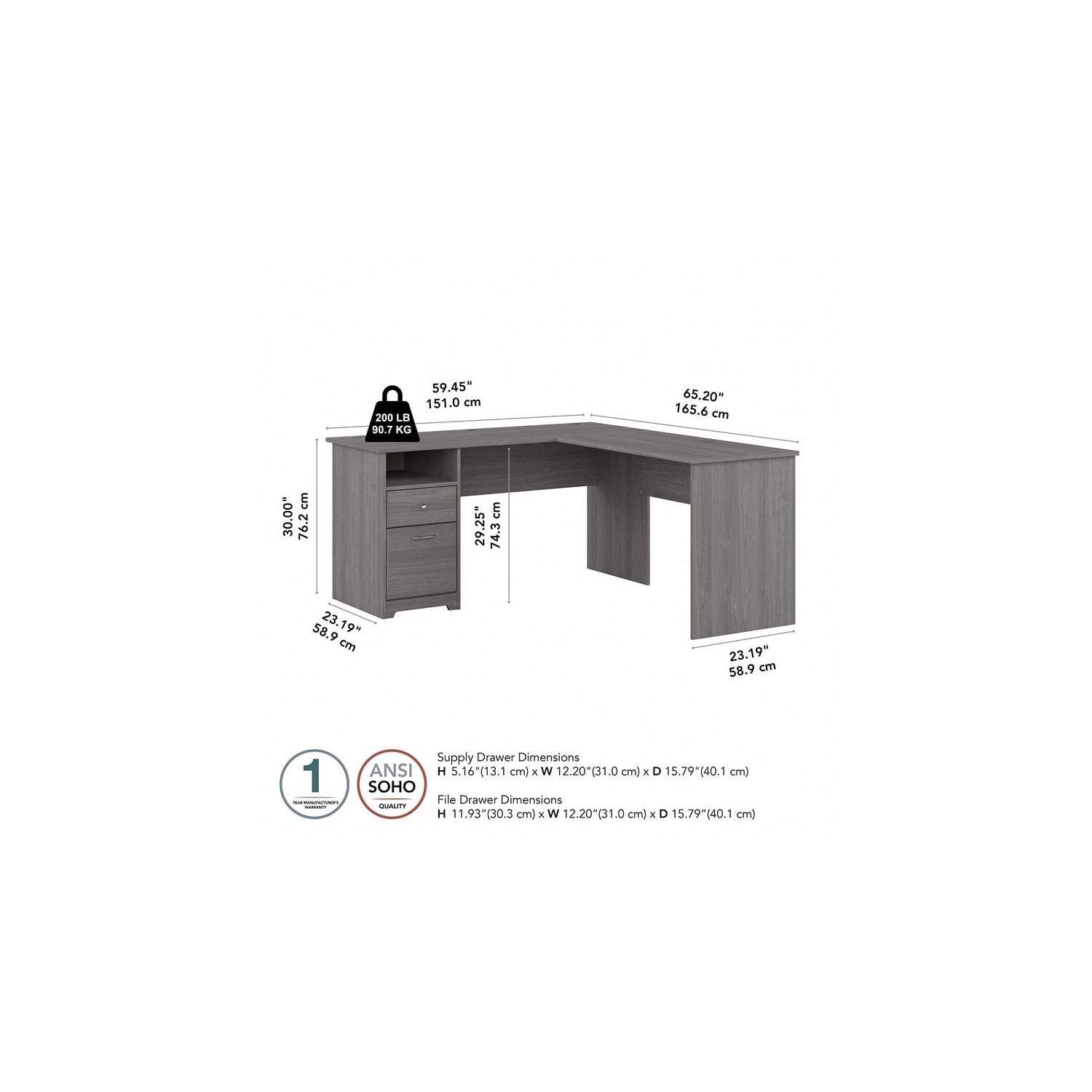 Cabot 60W L Shaped Computer Desk with Drawers in Modern Gray - Engineered Wood