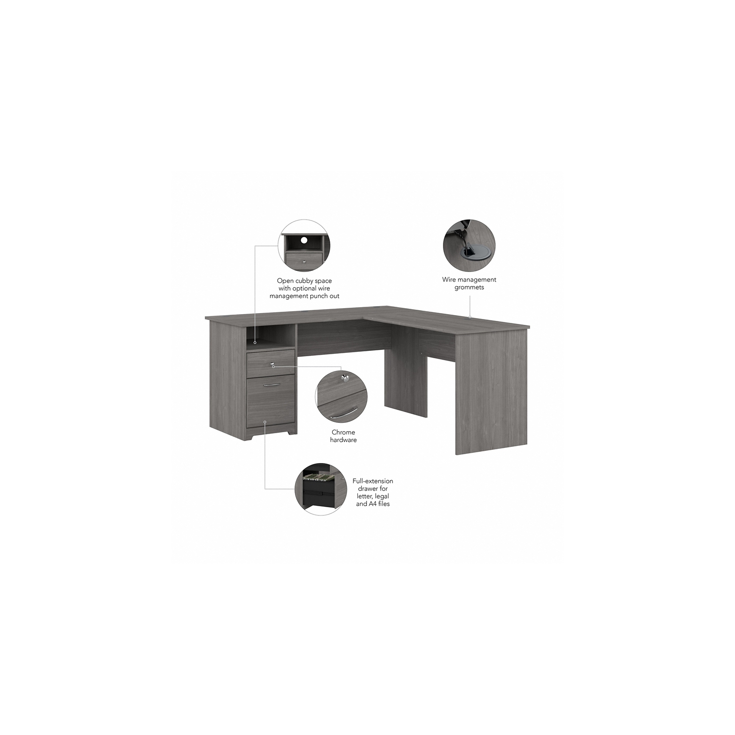 Cabot 60W L Shaped Computer Desk with Drawers in Modern Gray - Engineered Wood