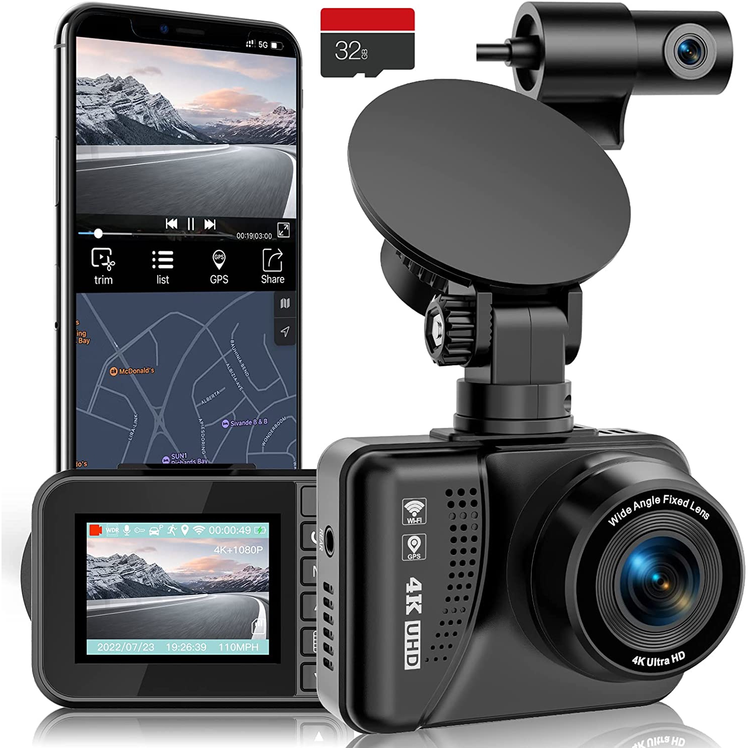 4K Dash Cam Front and Rear, Dual Dash Cam Built-in WiFi GPS Front 4K/2.5K Rear 1080P Car Dashboard Camera Recorder, Sony Sensor, Supercapacitor , Included 32GB Card,256GB Max