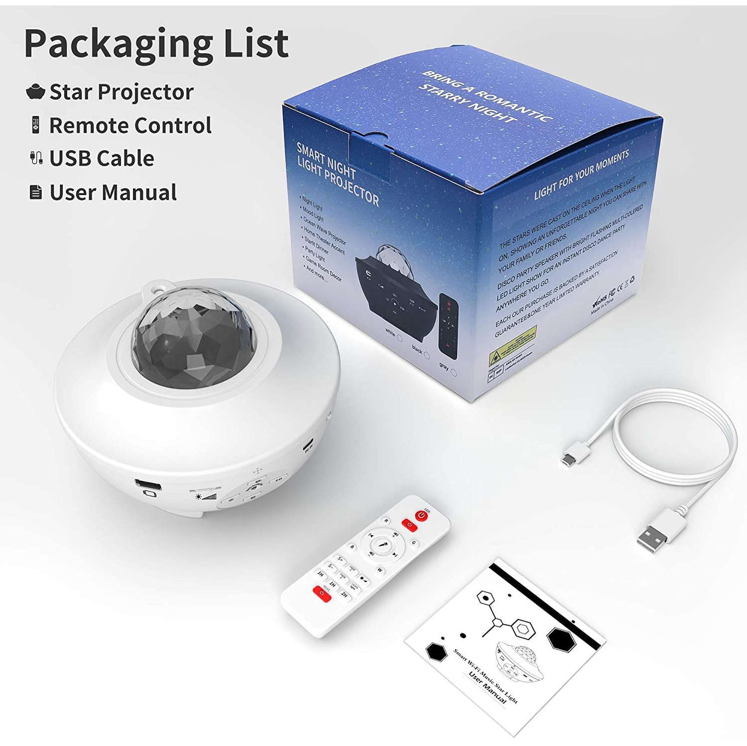 Projecteur d’étoiles, projecteur 3-en-1 Galaxy, veilleuse projecteur/Starlight à DEL/Sky Light avec haut-parleur Bluetooth