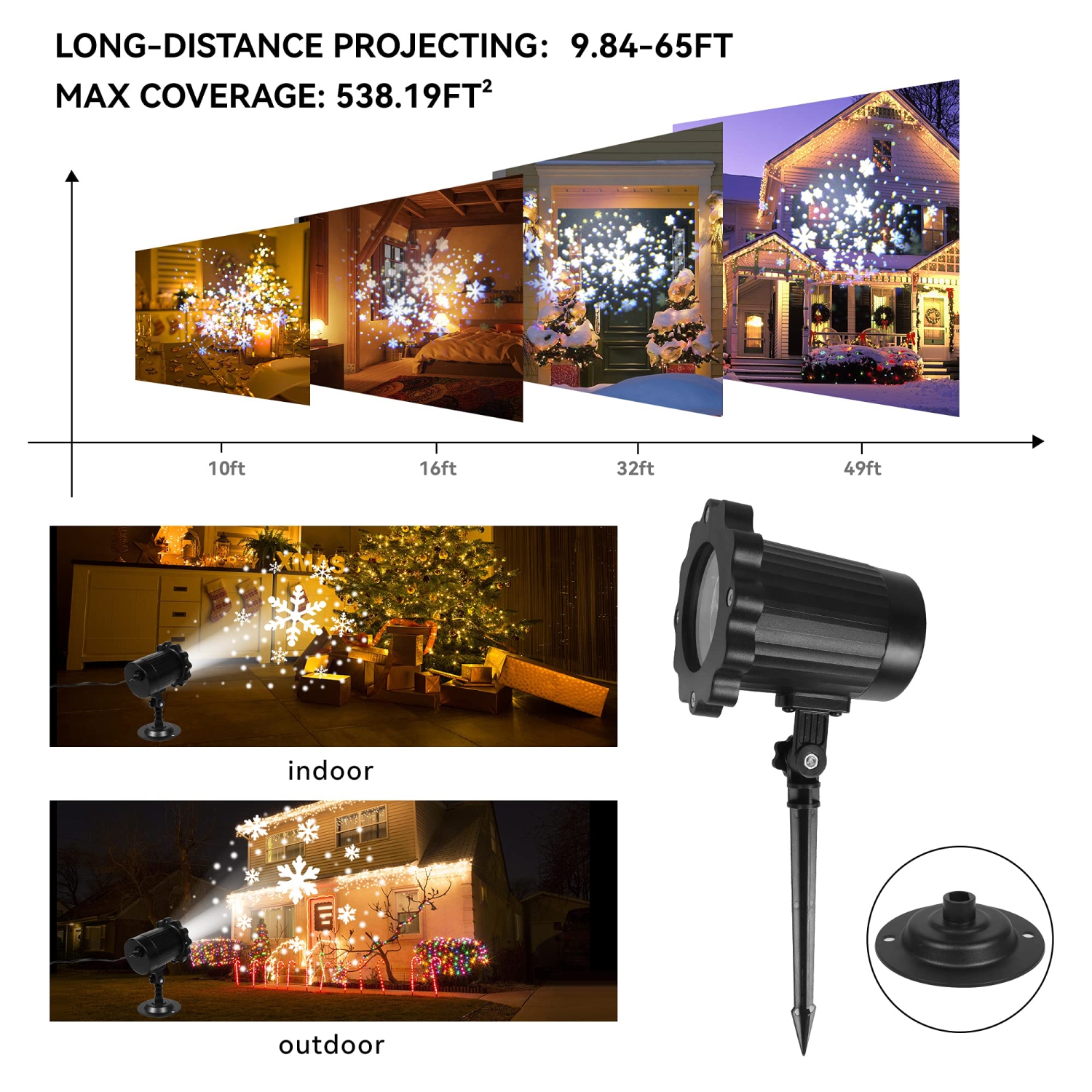 Snowfall LED Light Projector, Christmas Snowflake Rotating Projector Waterproof White Snow Effect Spotlight Outdoor Landscap