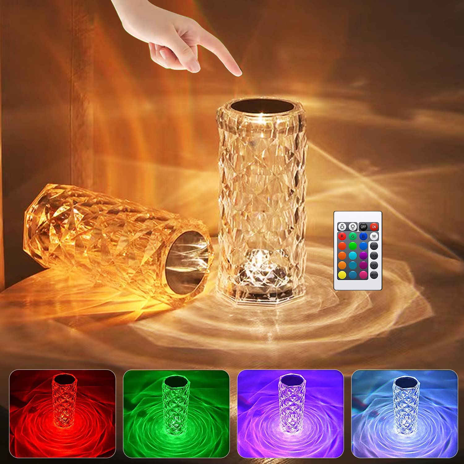 Touch Crystal Lamp with 16 Colors LED Changing Dimmable | RGB Gradient | Dynamic Mode, Rechargeable Provtable Table Lamp wit