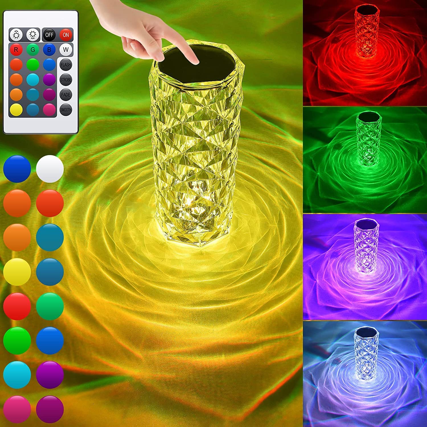 Touch Crystal Lamp with 16 Colors LED Changing Dimmable | RGB Gradient | Dynamic Mode, Rechargeable Provtable Table Lamp wit