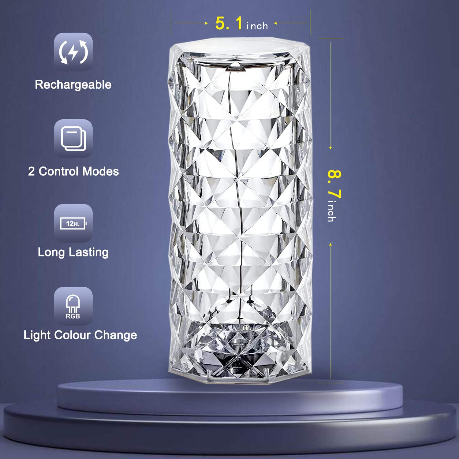 Touch Crystal Lamp with 16 Colors LED Changing Dimmable | RGB Gradient | Dynamic Mode, Rechargeable Provtable Table Lamp wit