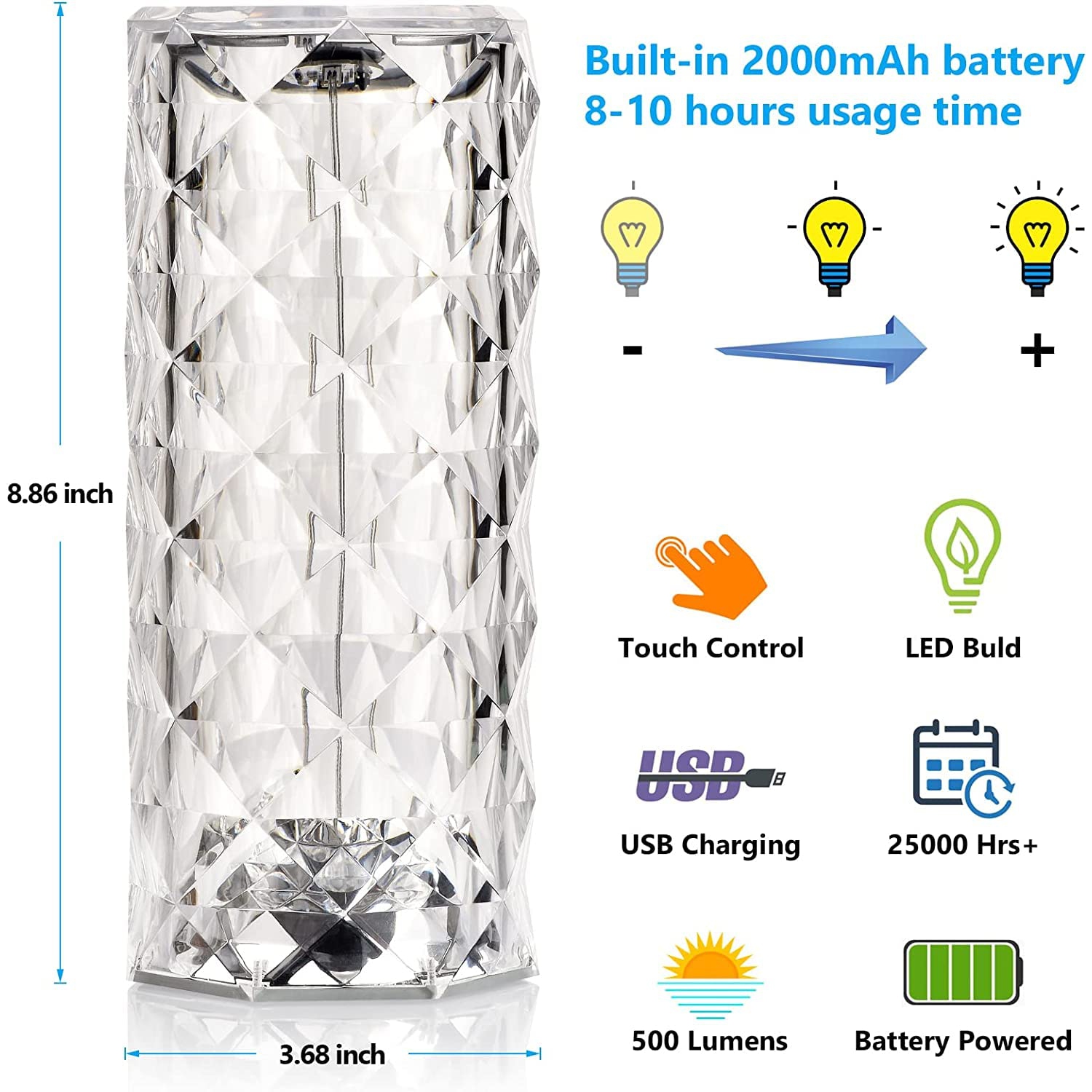 Touch Crystal Lamp with 16 Colors LED Changing Dimmable | RGB Gradient | Dynamic Mode, Rechargeable Provtable Table Lamp wit