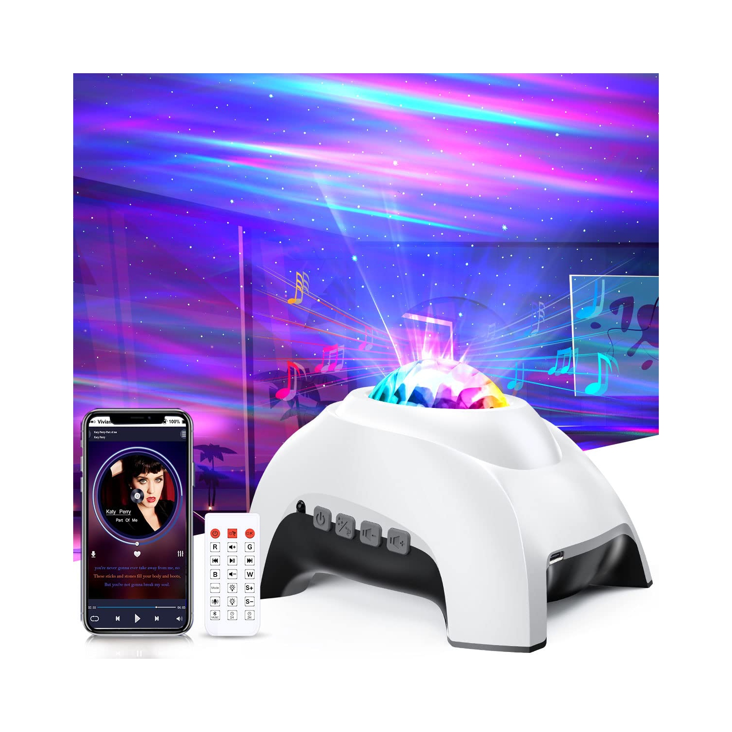 Galaxy Projector Aurora Light Projector with Bluetooth Music Speaker, Remote Control Galaxy Lamp White Noise Star Projector