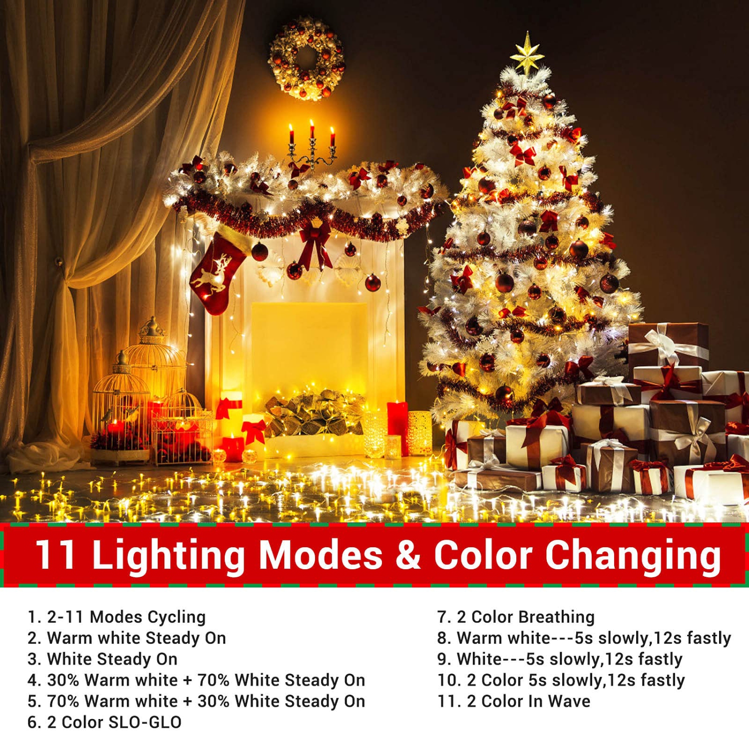 Lomotech – lumières de Noël à couleurs changeantes, 300 DEL, guirlande lumineuse de 98 pi, télécommande et minuterie, 11 modes Waterproo