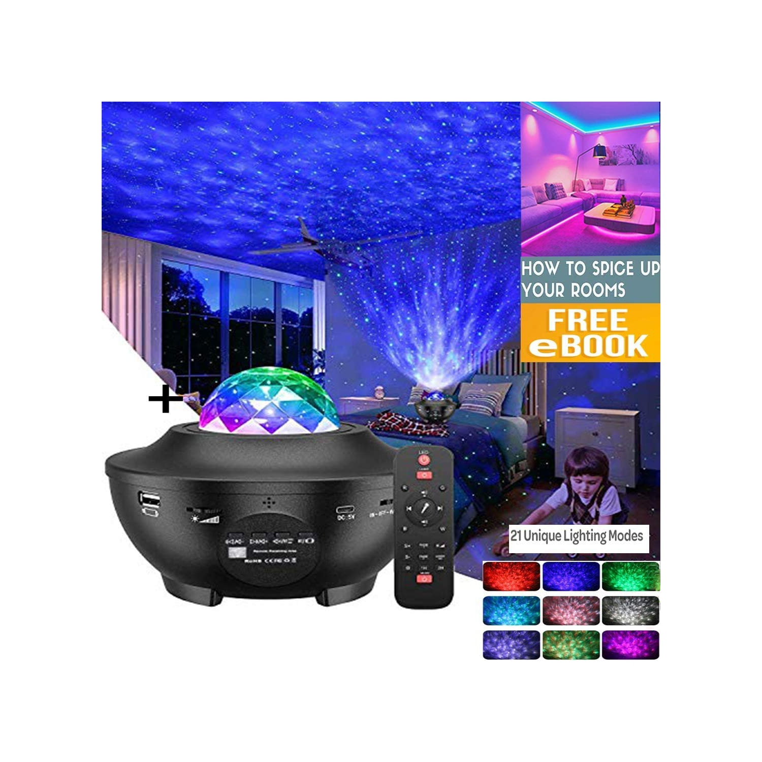 Projecteur 6-en-1 Galaxy Star avec DEL Nebula Cloud et Bluetooth Music