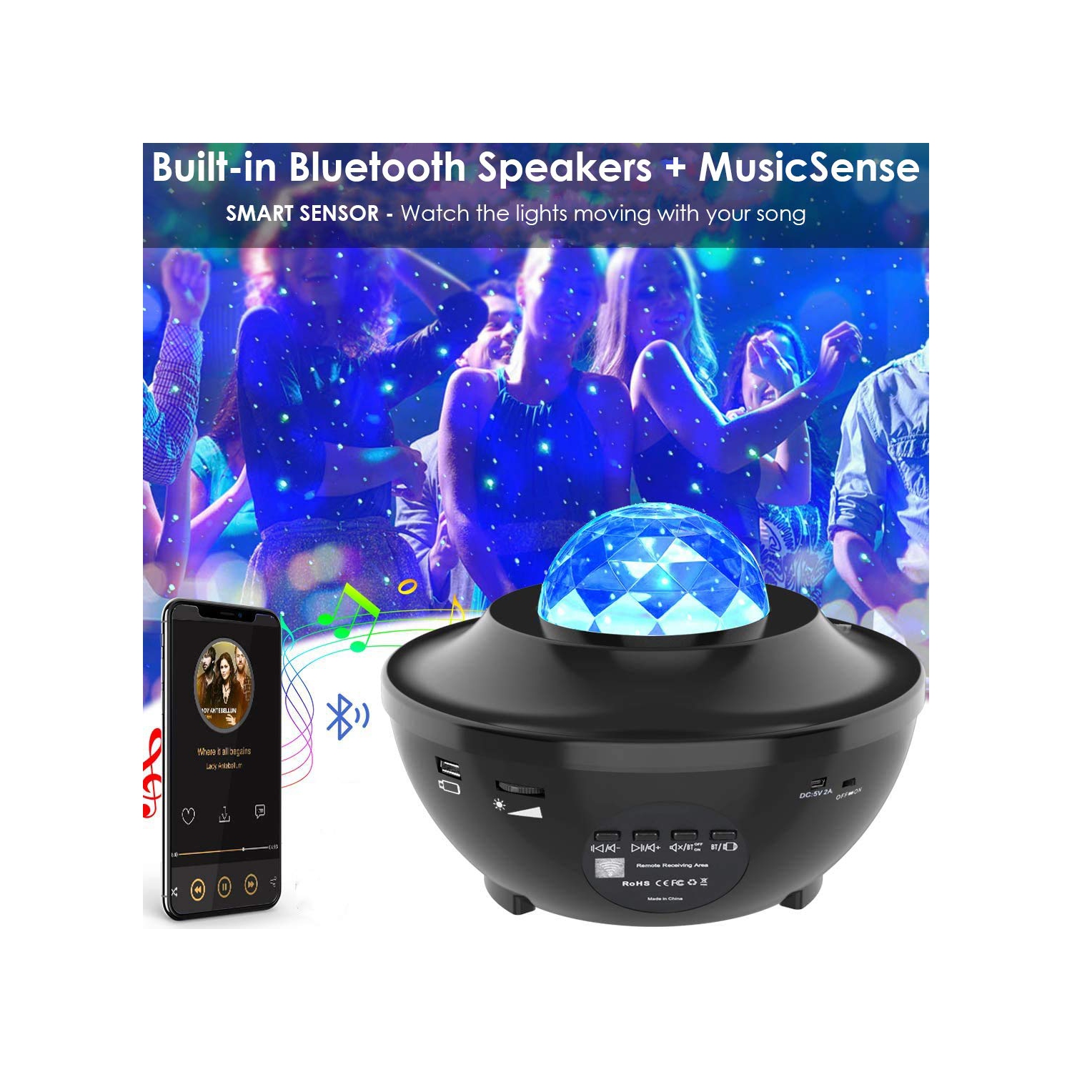 Projecteur 6-en-1 Galaxy Star avec DEL Nebula Cloud et Bluetooth Music