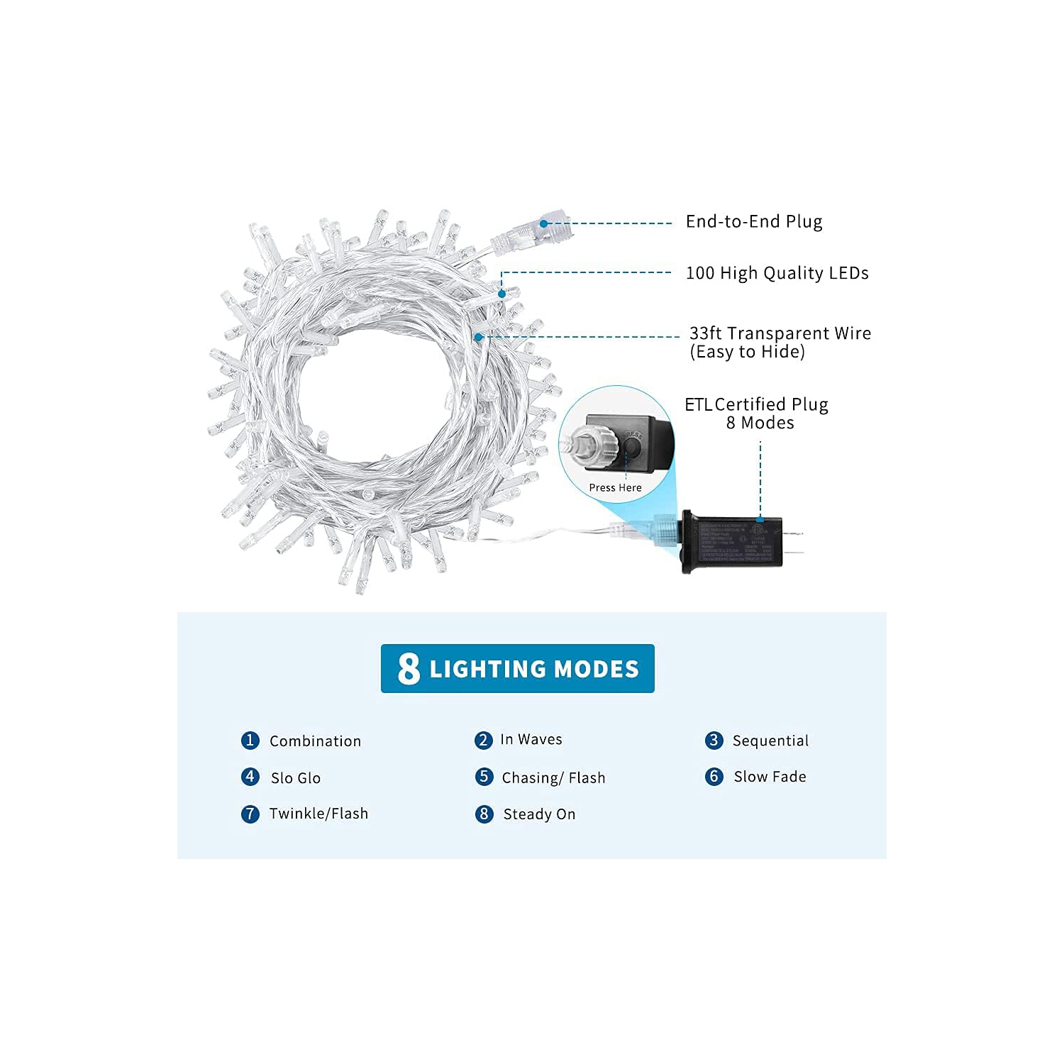 Christmas String Lights, 33FT 100 LEDs Indoor Outdoor Fairy Lights 8 Flashing Modes with End-to-End Plug, Waterproof Fairy L