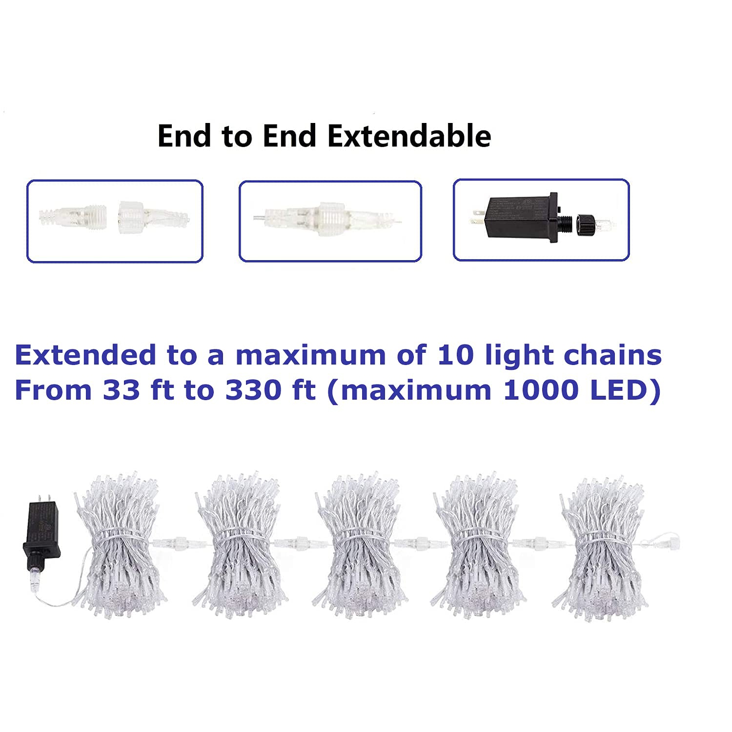 Christmas String Lights, 33FT 100 LEDs Indoor Outdoor Fairy Lights 8 Flashing Modes with End-to-End Plug, Waterproof Fairy L