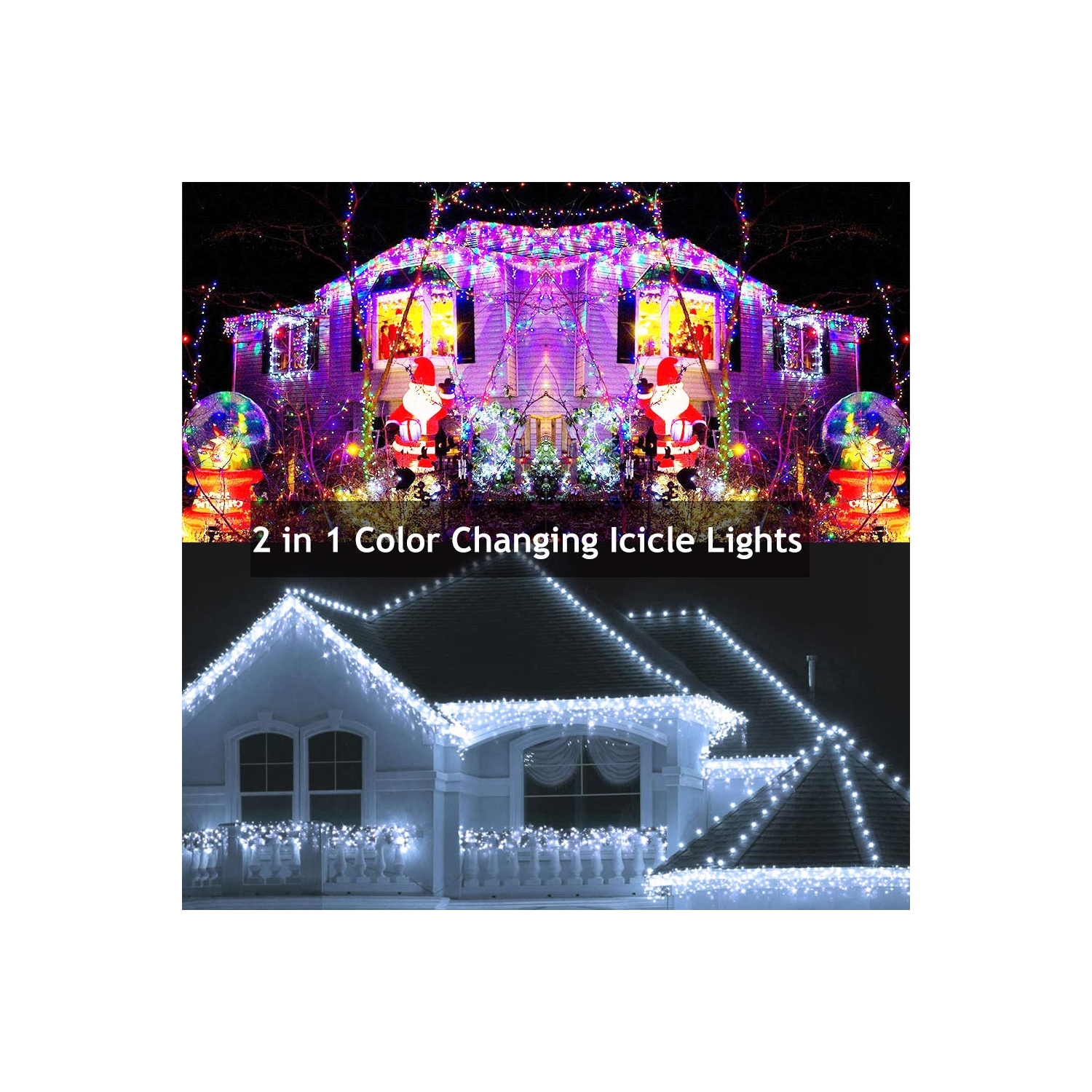 Glaçons lumineux de Noël, glaçon 2-en-1 multicolore et blanc avec télécommande, 360 ampoules à DEL de 29,5 pi