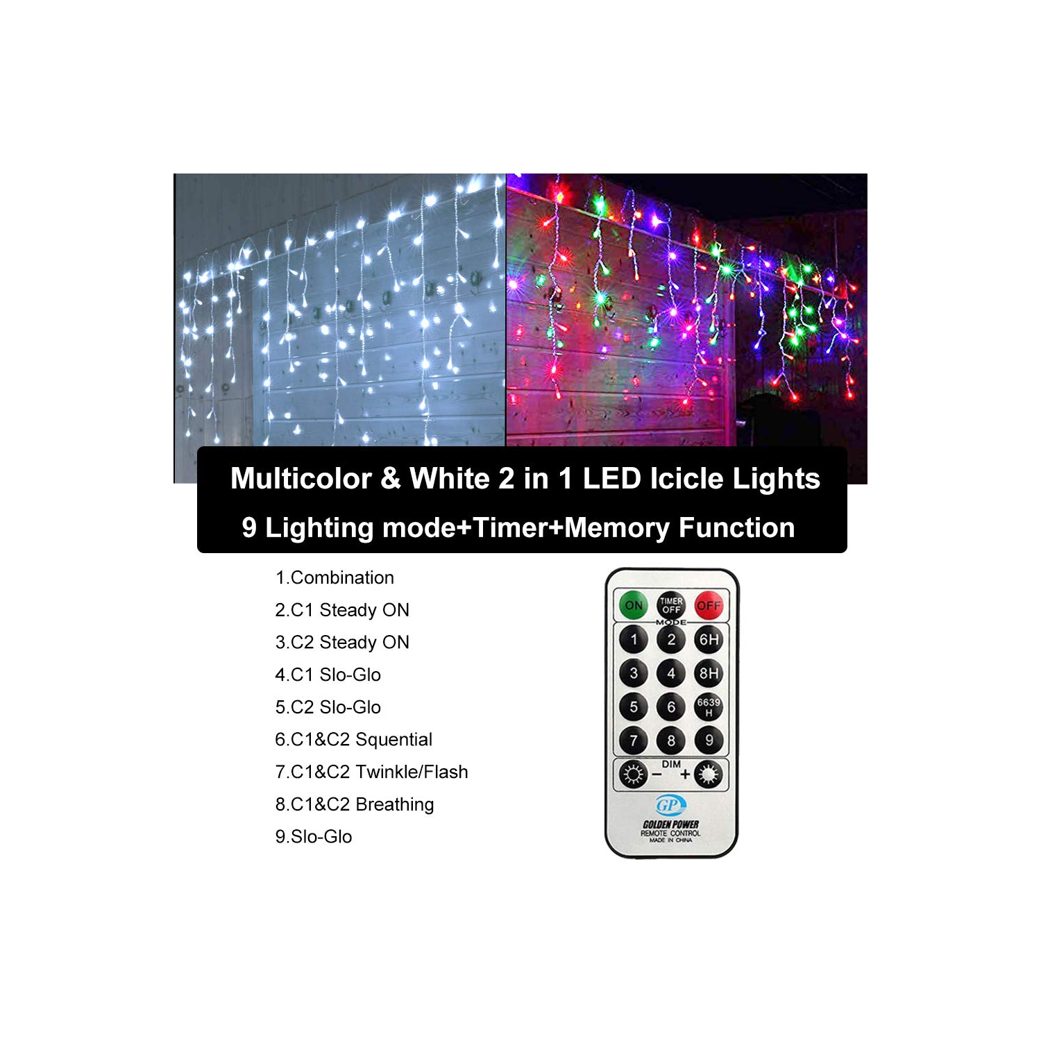 Glaçons lumineux de Noël, glaçon 2-en-1 multicolore et blanc avec télécommande, 360 ampoules à DEL de 29,5 pi