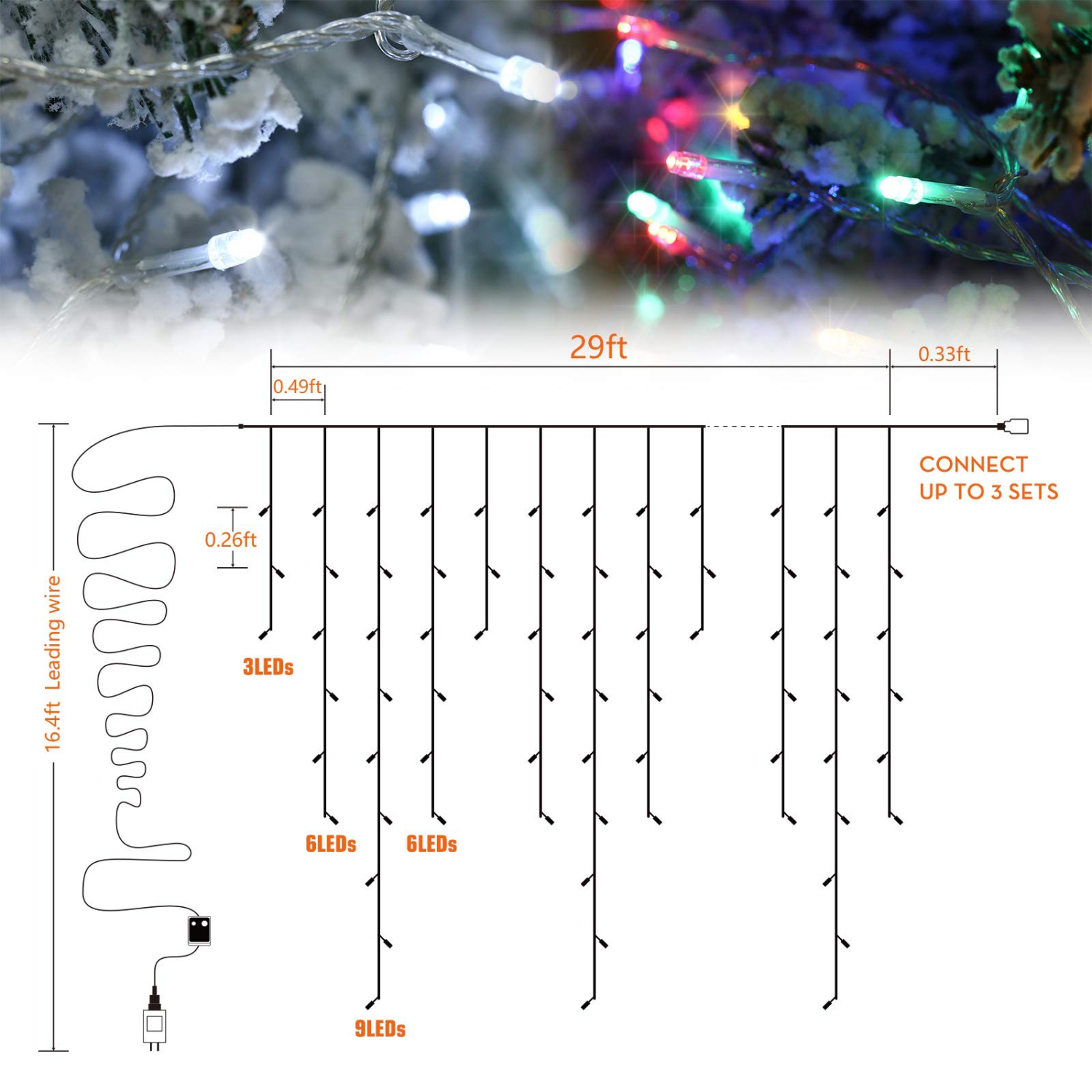Glaçons lumineux de Noël, glaçon 2-en-1 multicolore et blanc avec télécommande, 360 ampoules à DEL de 29,5 pi