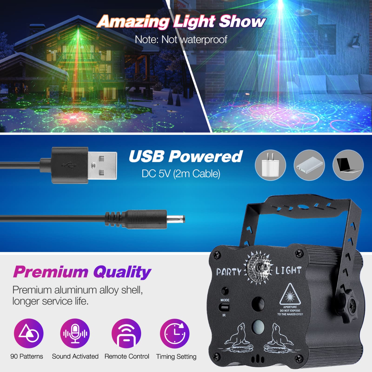 Party Lights DJ Disco Light, Strobe Light Disco Projector with Remote Control, Sound Activated RGB LED Party Lights for Chri