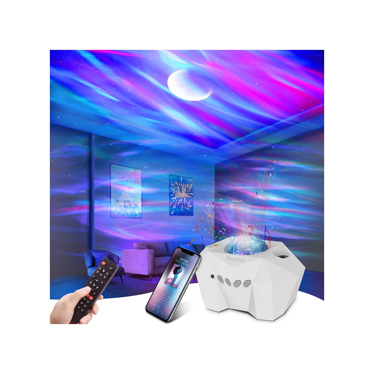 Projecteur lumineux Aurora Star avec lune, projecteur Galaxy Lights avec télécommande, projecteur de veilleuse intégrée Bluet