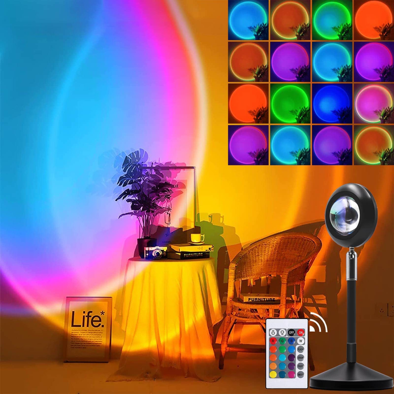 Sunset Lamp, RGB 16 Colors Romantic Sunset Projection Lamp with Remote Control 4 Modes, Rainbow Projection Night Light for C