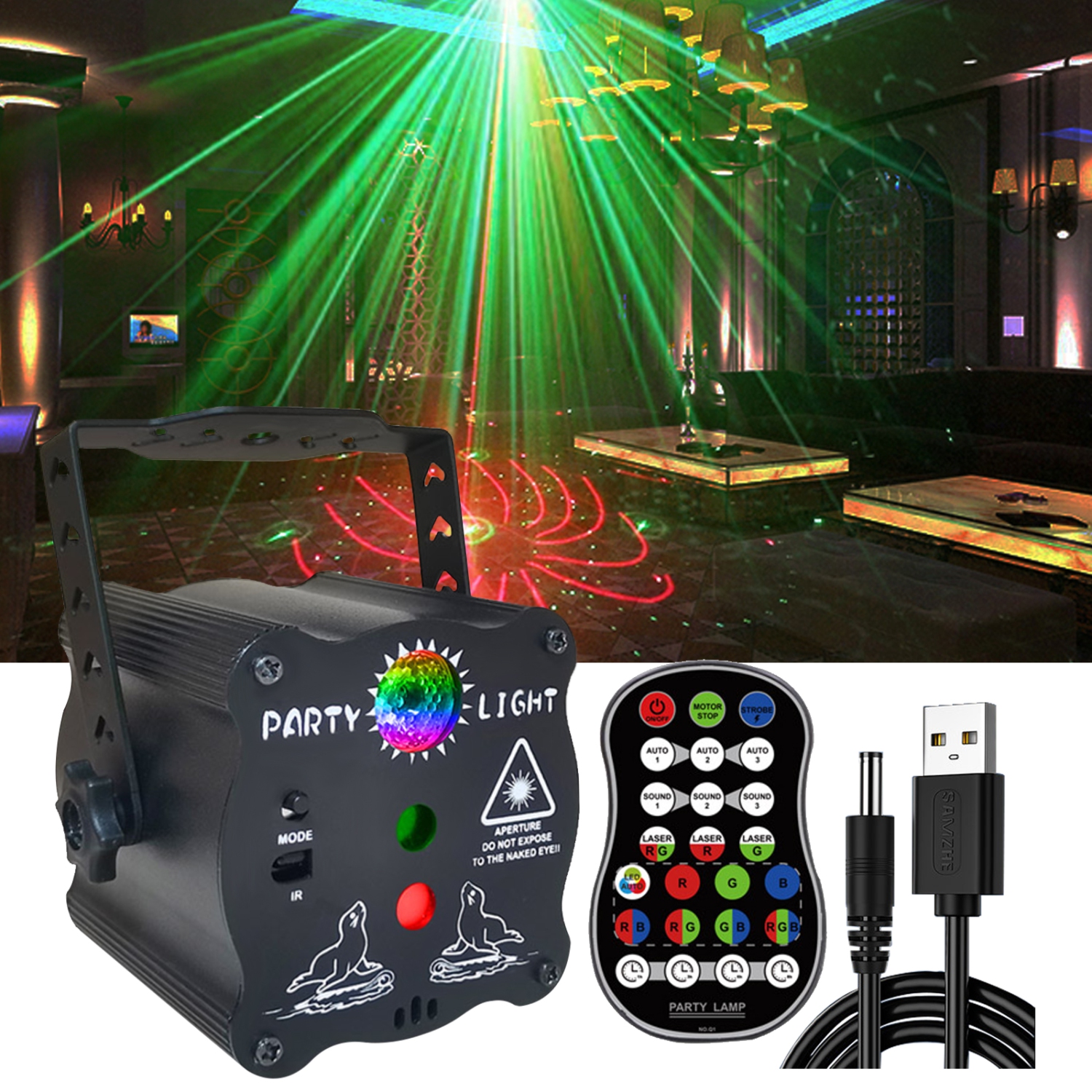 Couvkadl DJ Disco Light, Stage Party Lights, Rechargeable Laser Light Sound Activated RGB Led Flash Strobe Projector with Re