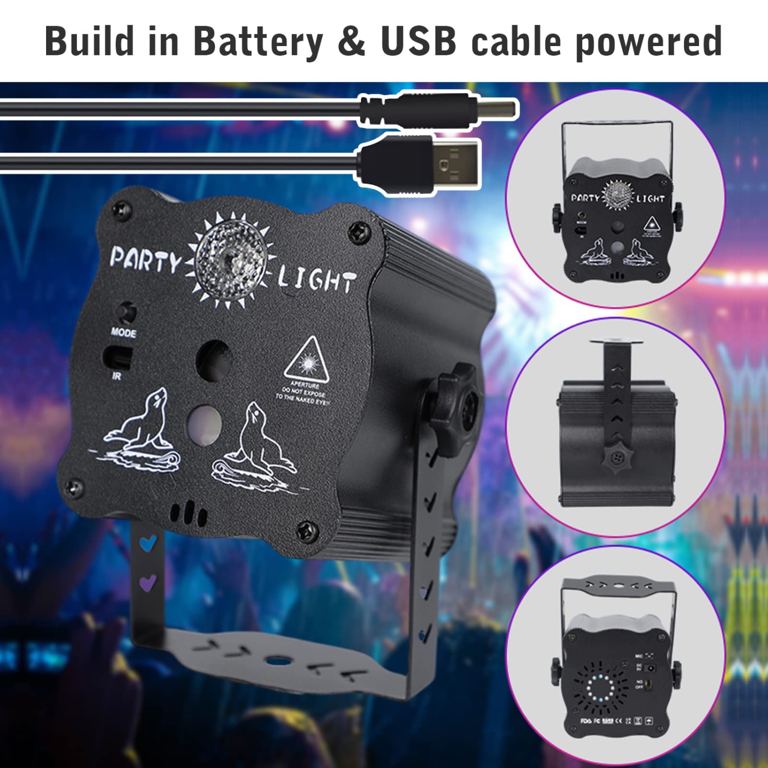 Couvkadl DJ Disco Light, Stage Party Lights, Rechargeable Laser Light Sound Activated RGB Led Flash Strobe Projector with Re