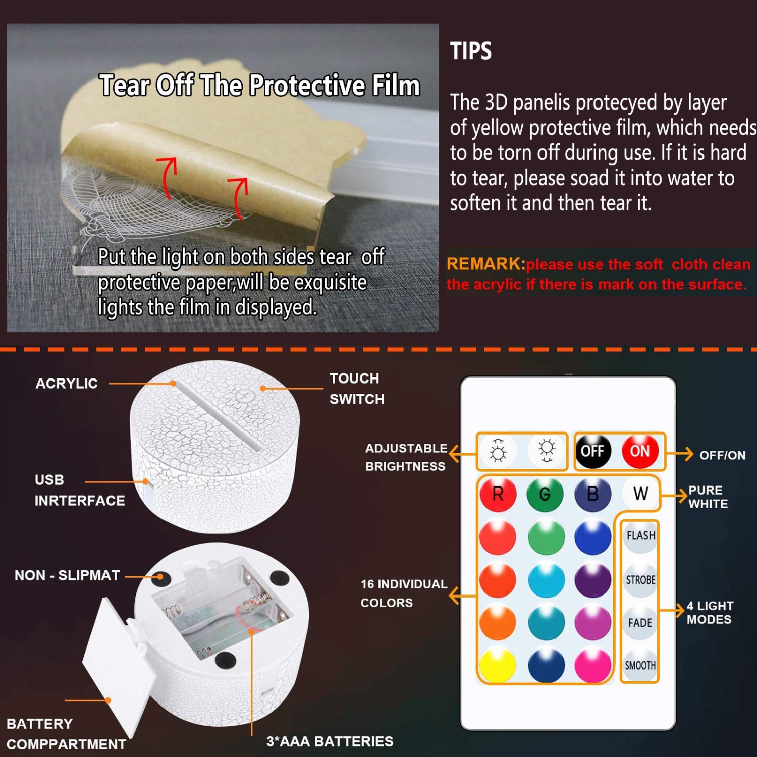 TRIPRO Hedgehog Cartoon 3D Illusion Table Lamp Night Light with Lighted Base,16 Colors Change, Smart Touch Button & Remote C