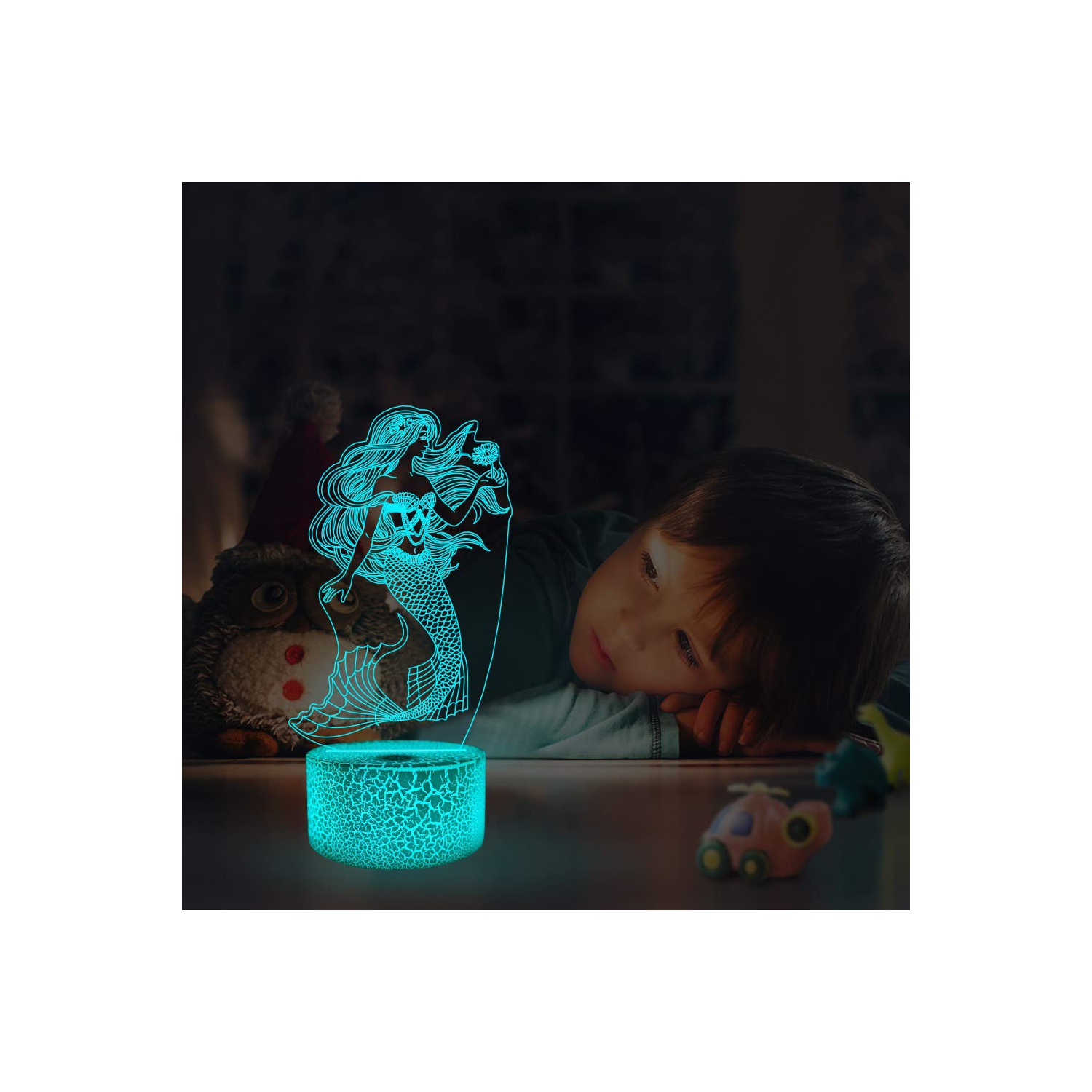 Mermaid 3D Illusion Night Light, Hologram Optical Lamp 16 Colors with Remote Control Changing, LED Bedside Nightlight Kids B