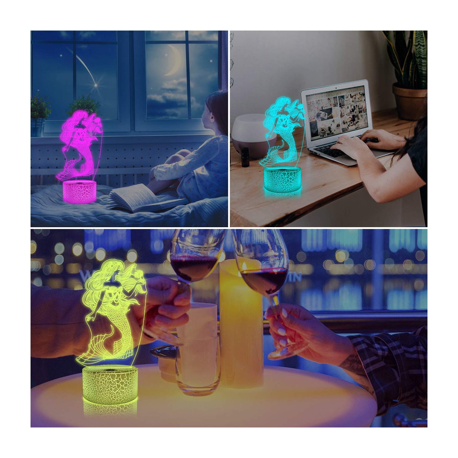 Mermaid 3D Illusion Night Light, Hologram Optical Lamp 16 Colors with Remote Control Changing, LED Bedside Nightlight Kids B