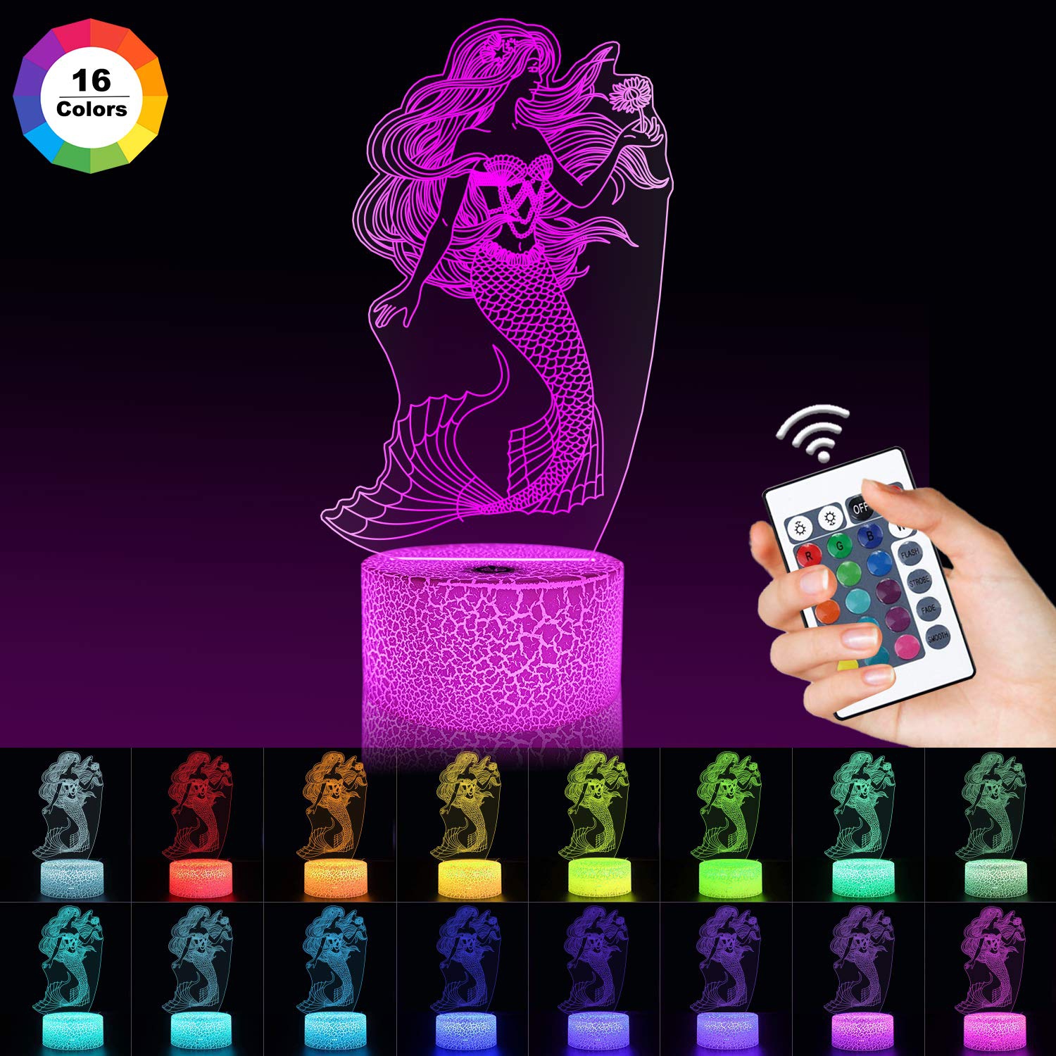 Mermaid 3D Illusion Night Light, Hologram Optical Lamp 16 Colors with Remote Control Changing, LED Bedside Nightlight Kids B