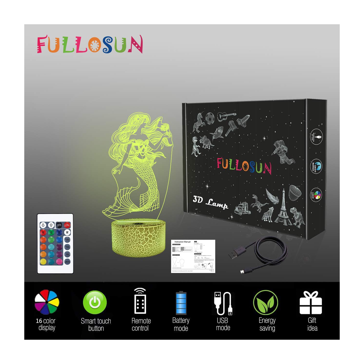 Mermaid 3D Illusion Night Light, Hologram Optical Lamp 16 Colors with Remote Control Changing, LED Bedside Nightlight Kids B