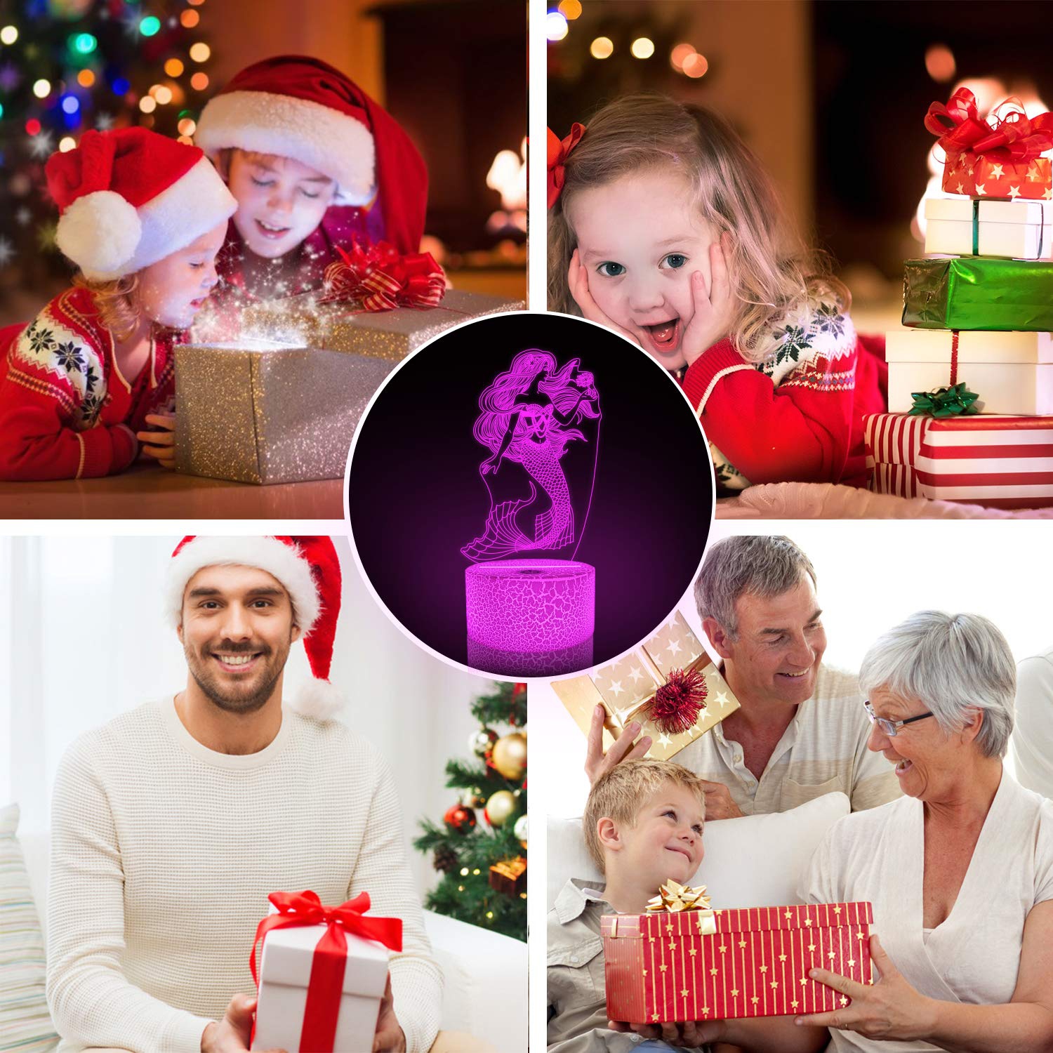 Mermaid 3D Illusion Night Light, Hologram Optical Lamp 16 Colors with Remote Control Changing, LED Bedside Nightlight Kids B