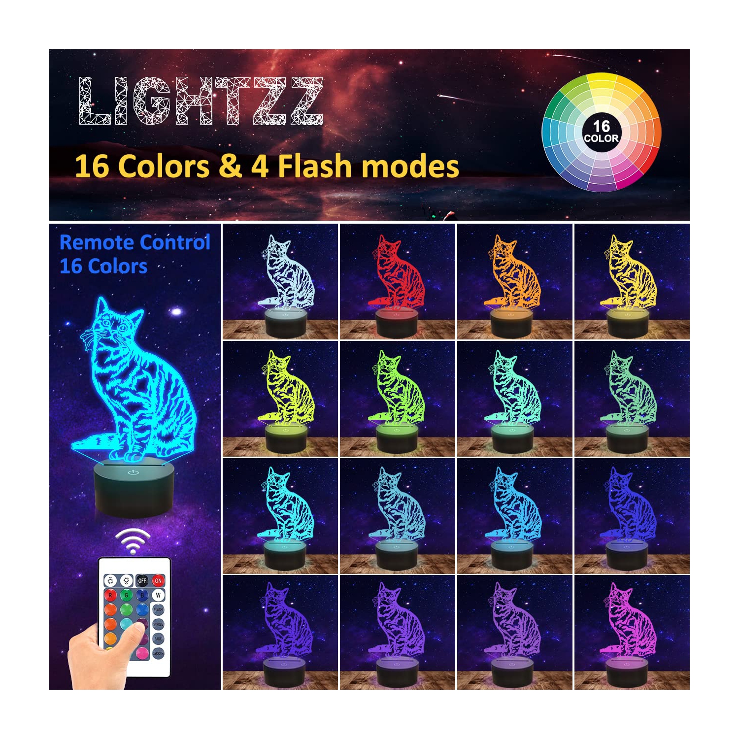 Chat – Lampe de nuit à DEL Illusion 3D avec télécommande pour enfants, 16 couleurs, pour changer les décorations de chevet
