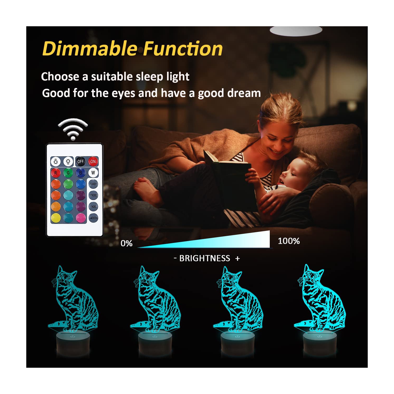 Chat – Lampe de nuit à DEL Illusion 3D avec télécommande pour enfants, 16 couleurs, pour changer les décorations de chevet