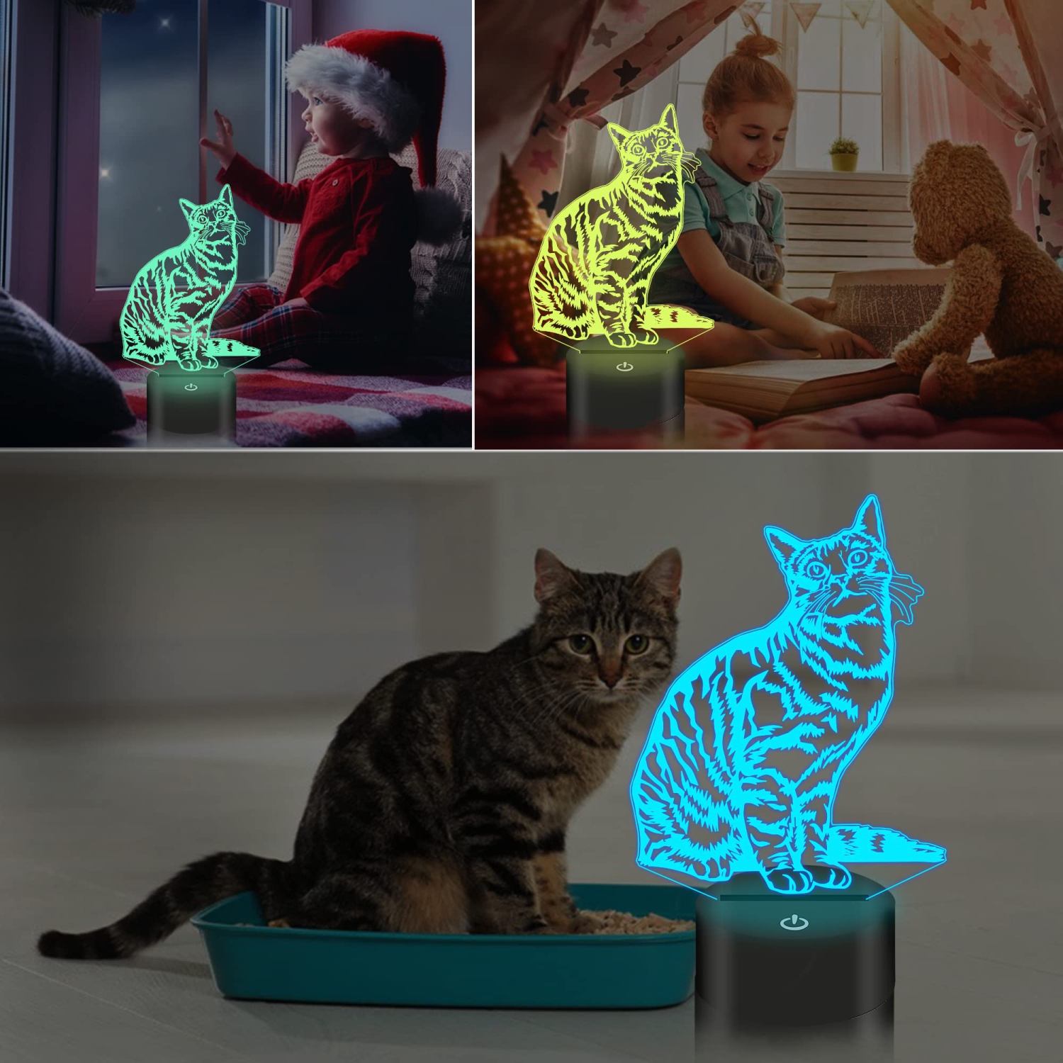 Chat – Lampe de nuit à DEL Illusion 3D avec télécommande pour enfants, 16 couleurs, pour changer les décorations de chevet