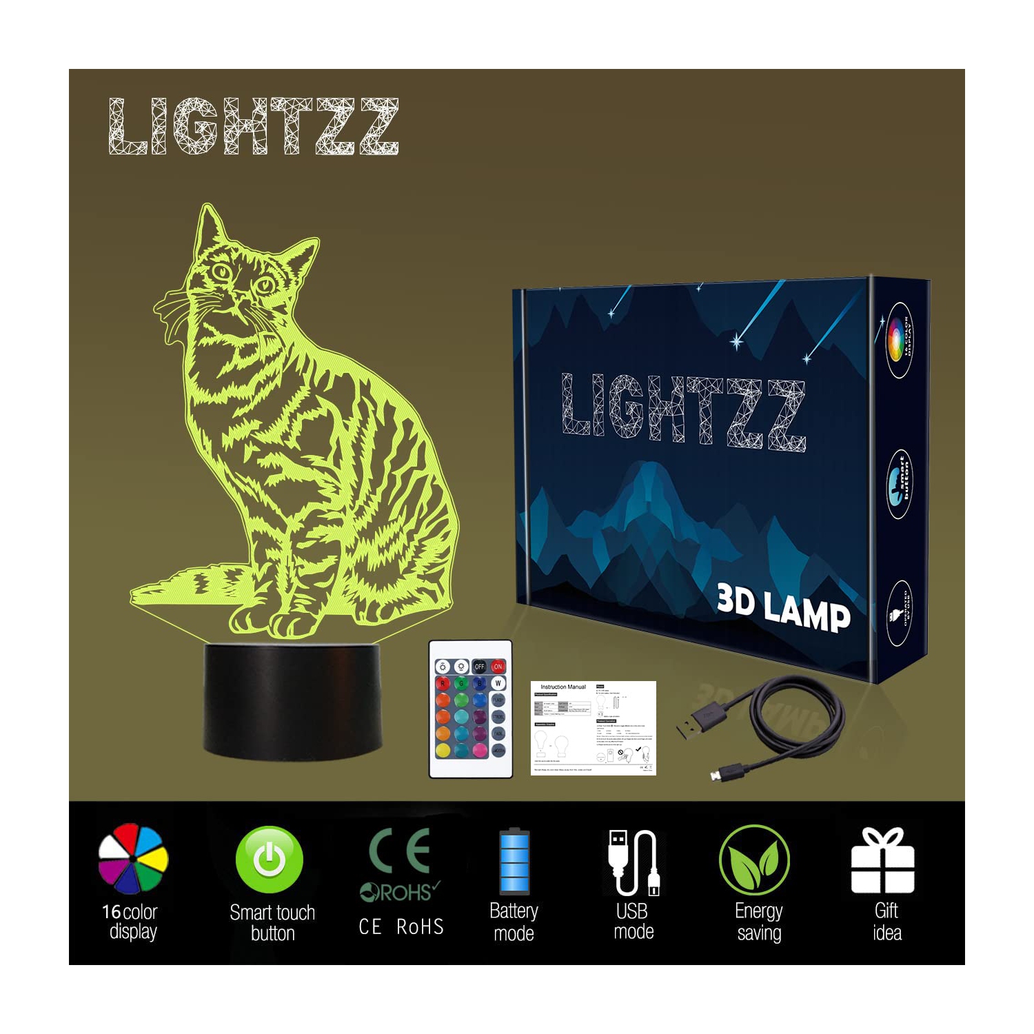 Chat – Lampe de nuit à DEL Illusion 3D avec télécommande pour enfants, 16 couleurs, pour changer les décorations de chevet