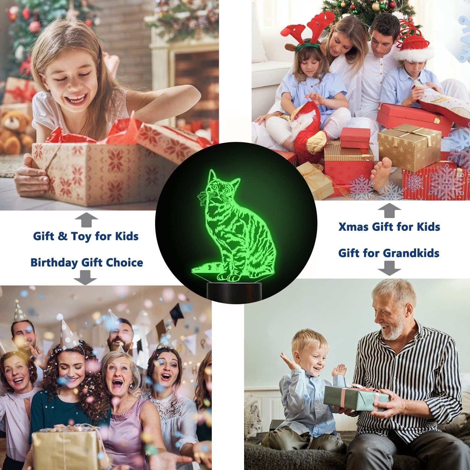 Chat – Lampe de nuit à DEL Illusion 3D avec télécommande pour enfants, 16 couleurs, pour changer les décorations de chevet