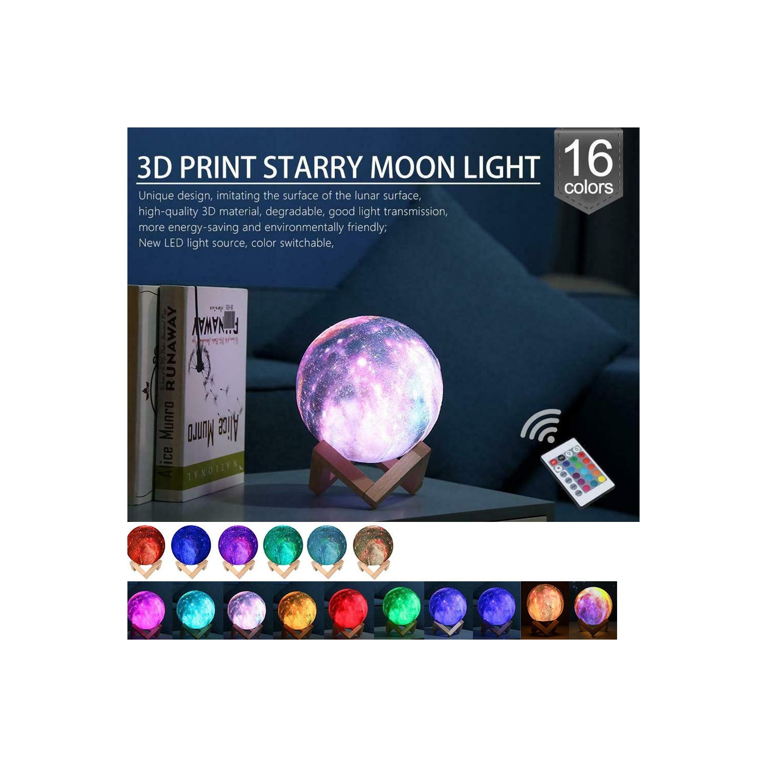 GUIFIER Moon Lamp Night Light Galaxy with 16 Colors LED 3D Print, Stand, Remote, Touch Control and USB Rechargeable