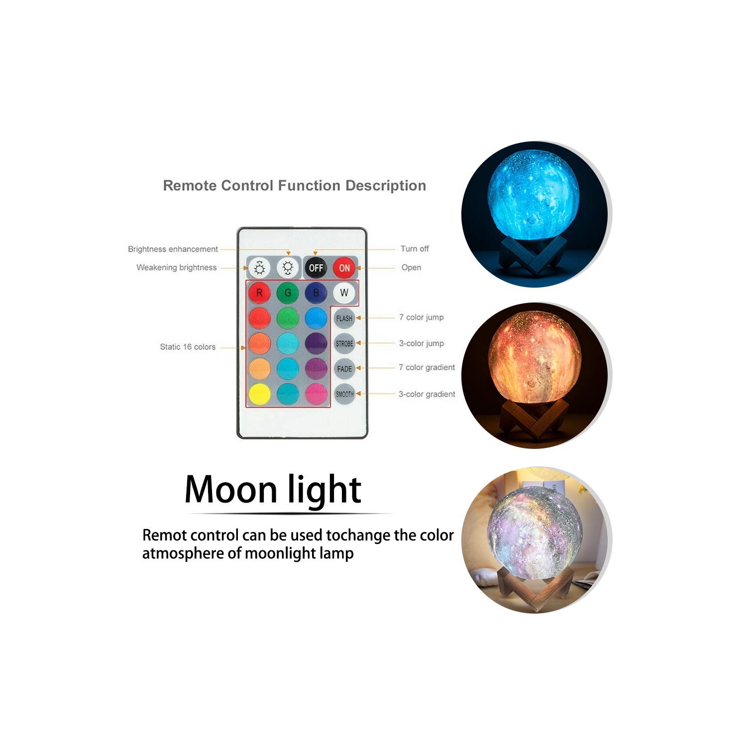 GUIFIER Moon Lamp Night Light Galaxy with 16 Colors LED 3D Print, Stand, Remote, Touch Control and USB Rechargeable