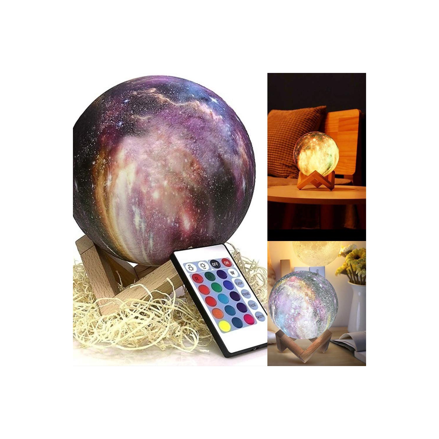 GUIFIER Moon Lamp Night Light Galaxy with 16 Colors LED 3D Print, Stand, Remote, Touch Control and USB Rechargeable