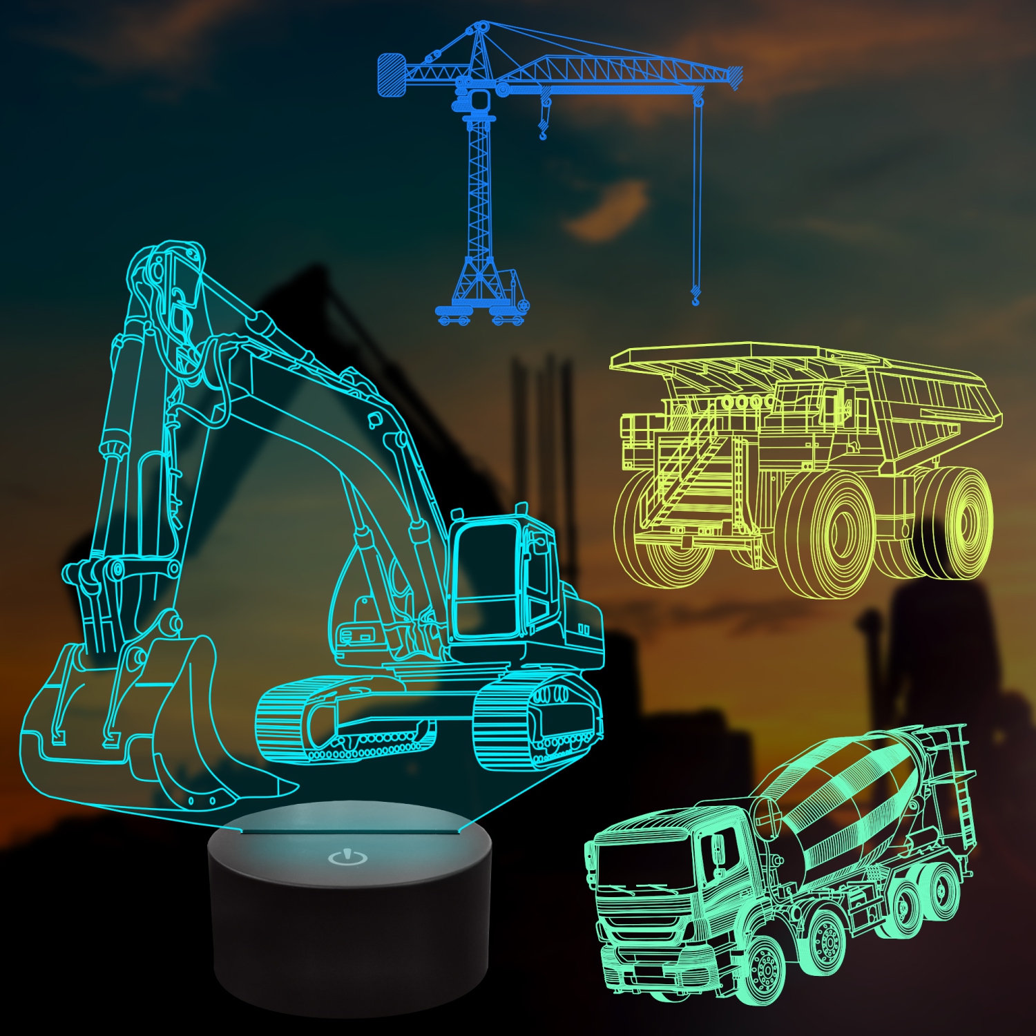 Heavy Machinery 3D Lamp Kits,Excavators, Tower Cranes, Transit Mixers, Mining Dump Truck 3D Night Light for Kids (4 Patterns