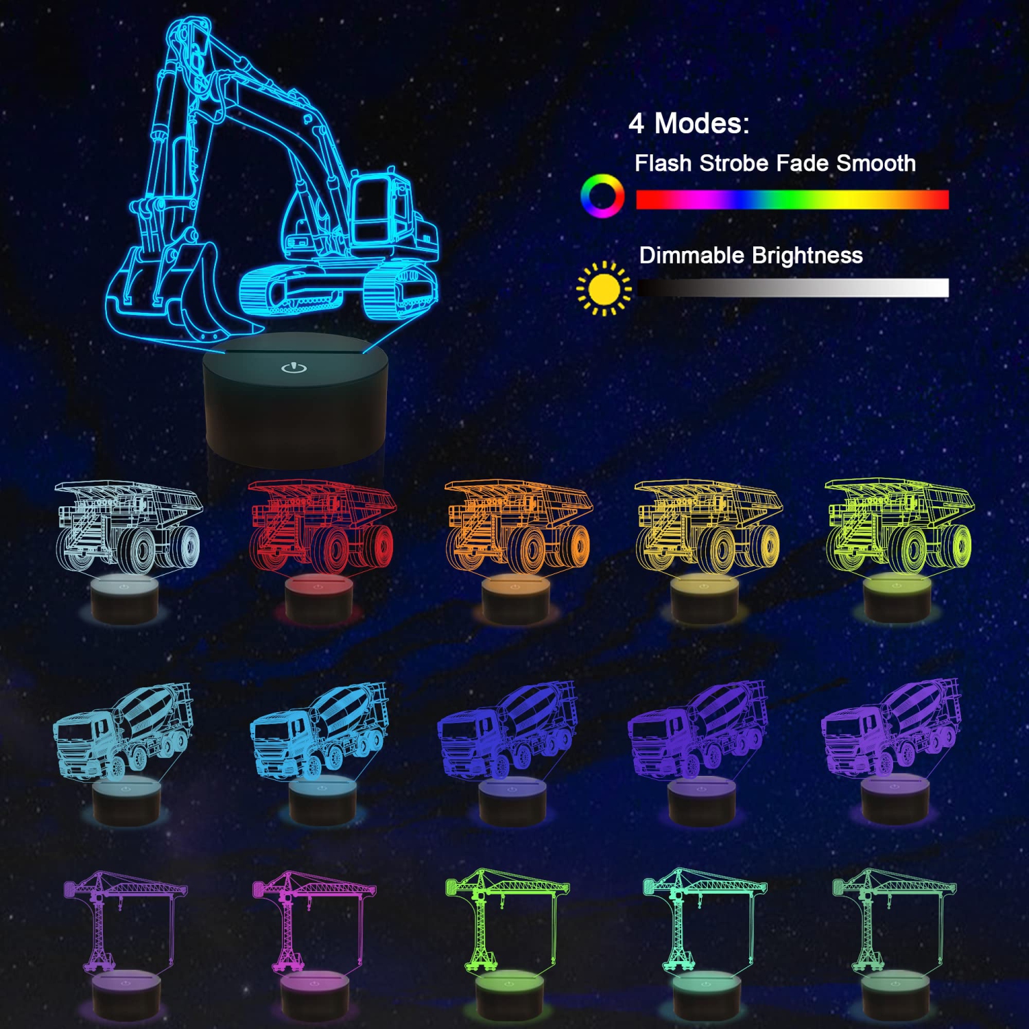 Heavy Machinery 3D Lamp Kits,Excavators, Tower Cranes, Transit Mixers, Mining Dump Truck 3D Night Light for Kids (4 Patterns