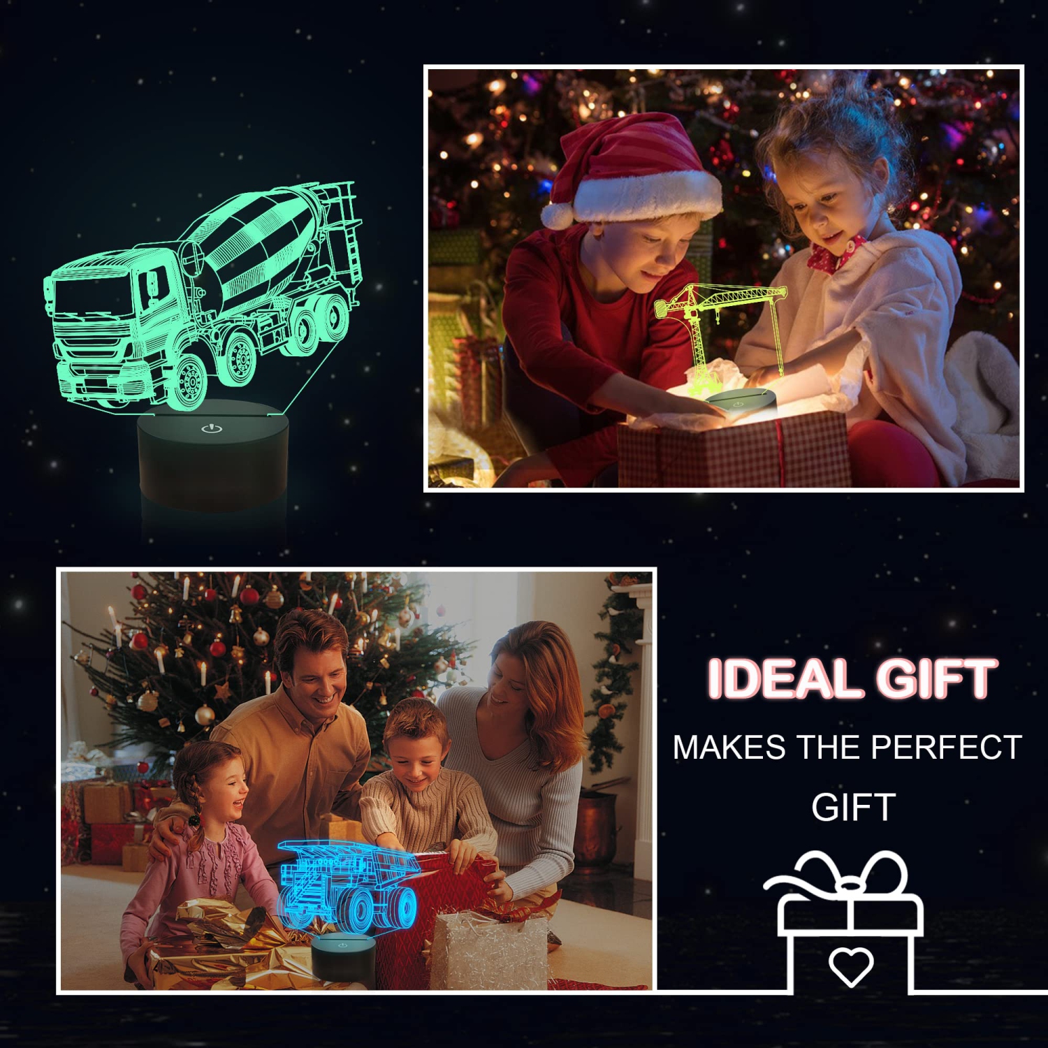 Heavy Machinery 3D Lamp Kits,Excavators, Tower Cranes, Transit Mixers, Mining Dump Truck 3D Night Light for Kids (4 Patterns