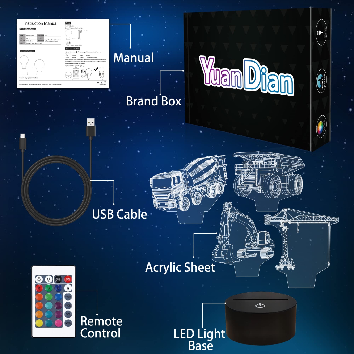 Heavy Machinery 3D Lamp Kits,Excavators, Tower Cranes, Transit Mixers, Mining Dump Truck 3D Night Light for Kids (4 Patterns