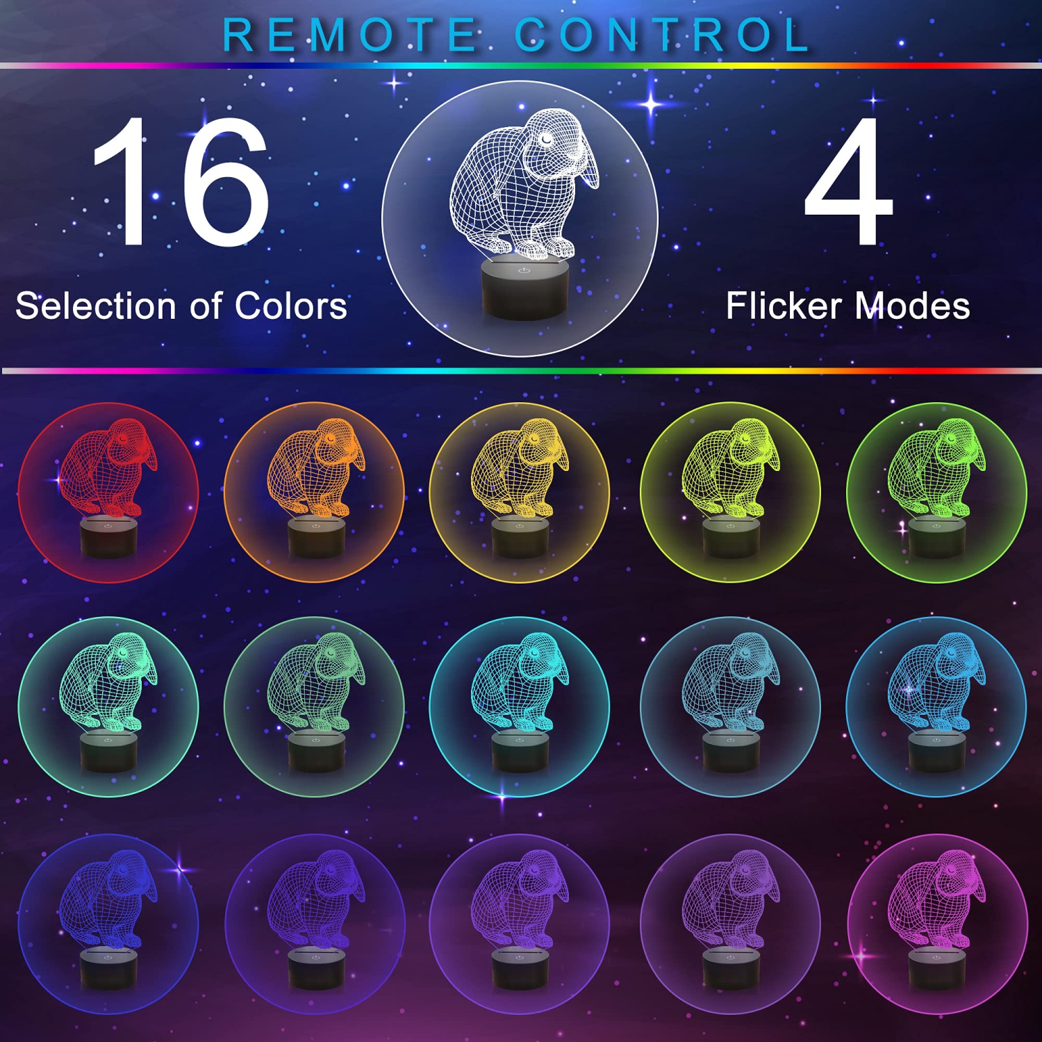 Lampe lapin 3D, veilleuse lapin Ammonite pour enfants, 16 couleurs avec télécommande et minuterie décoration de chambre d'enfant