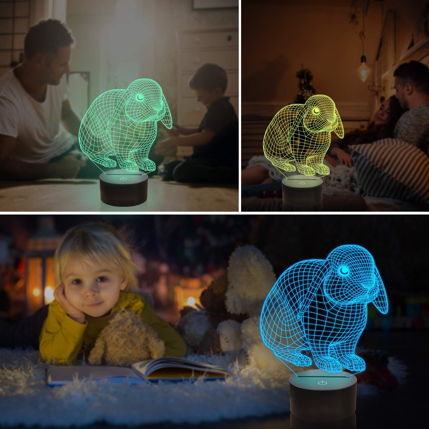Lampe lapin 3D, veilleuse lapin Ammonite pour enfants, 16 couleurs avec télécommande et minuterie décoration de chambre d'enfant