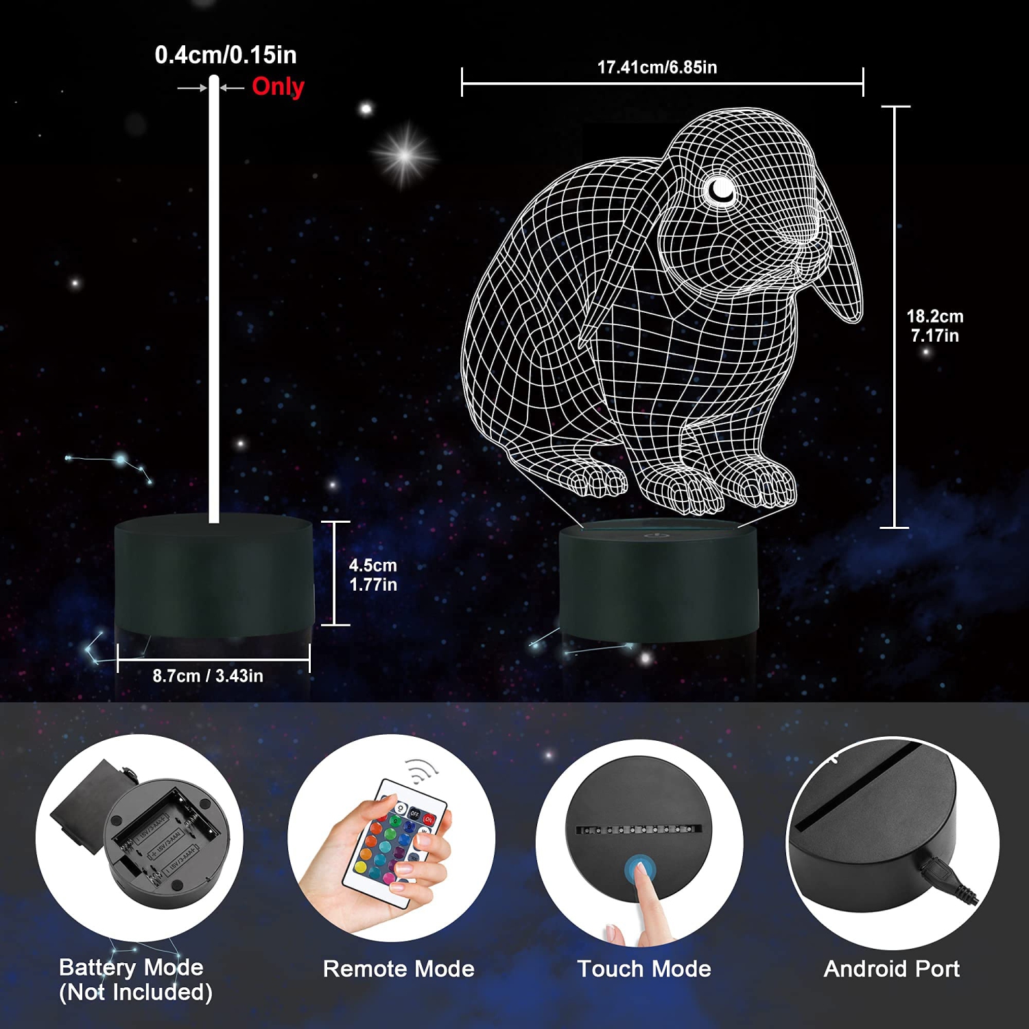 Lampe lapin 3D, veilleuse lapin Ammonite pour enfants, 16 couleurs avec télécommande et minuterie décoration de chambre d'enfant