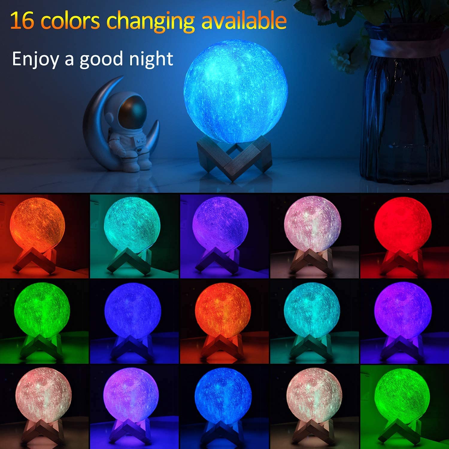 FULLOSUN Moon Lamp Galaxy Moon Night Light 3D Printing Dimmable Timer Moonlight 16 Colors with Stand & Remote & Touch Contro