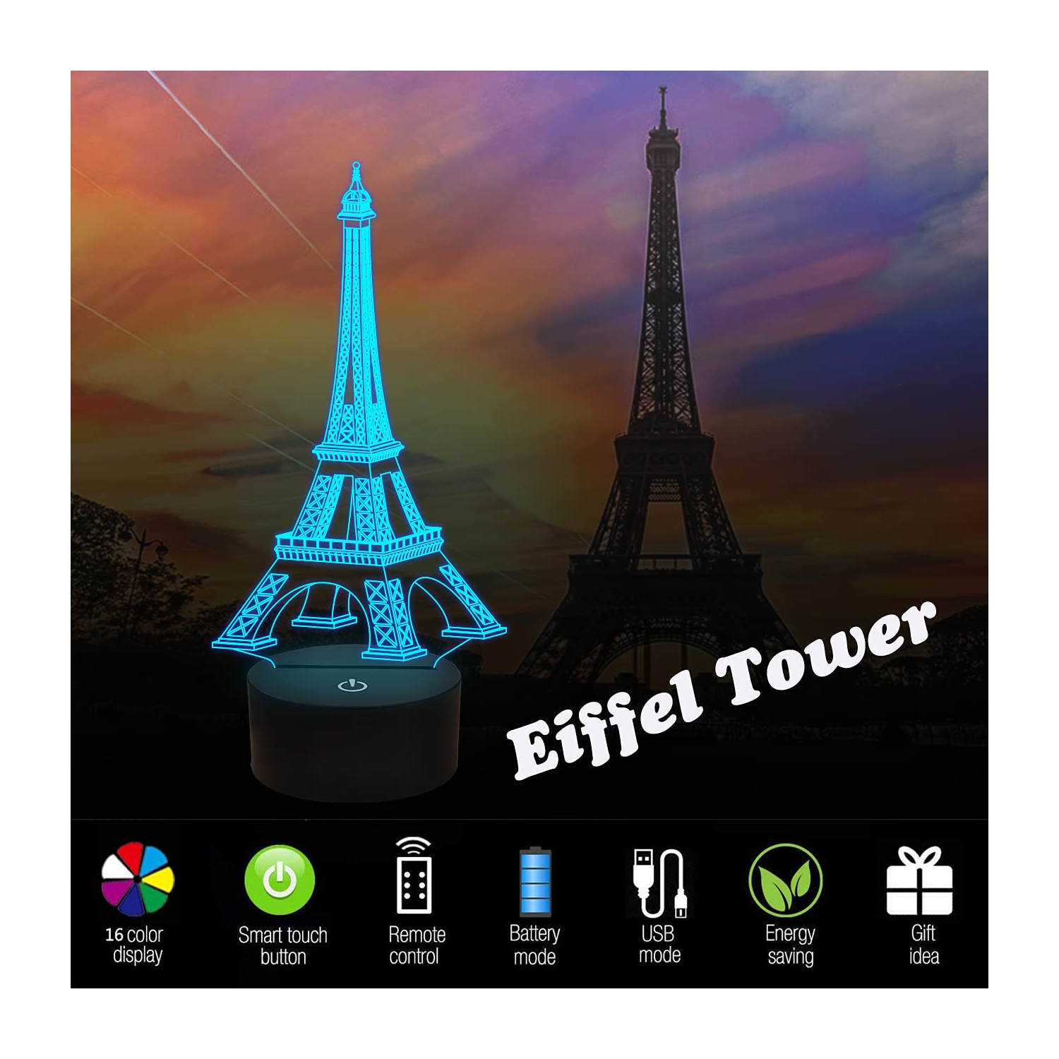 Eiffel Tower Decor Night Light, FULLOSUN 3D Illusion Bedroom LED Lamp 16 Colors Changing with Remote Control Paris Fashion G