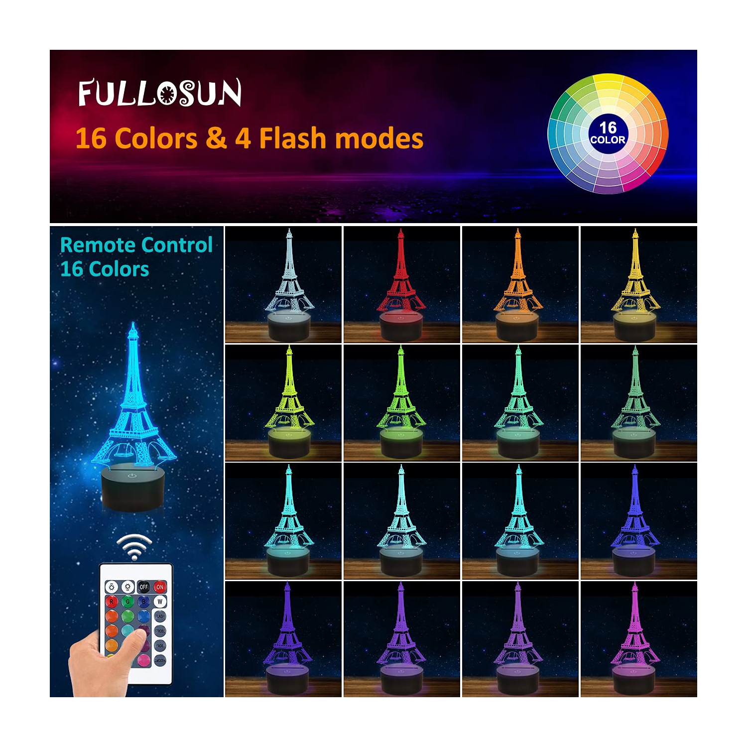 Eiffel Tower Decor Night Light, FULLOSUN 3D Illusion Bedroom LED Lamp 16 Colors Changing with Remote Control Paris Fashion G