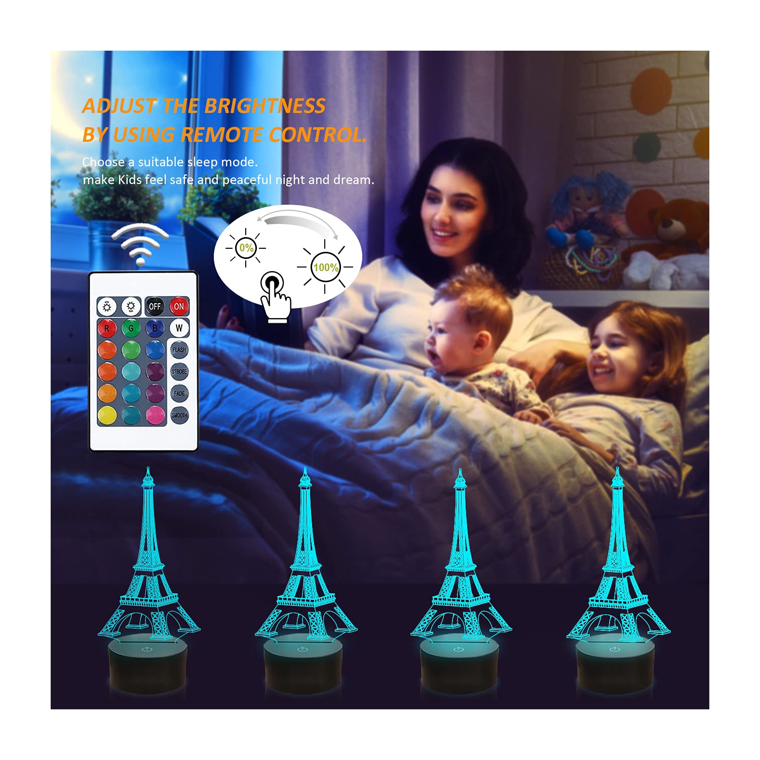 Eiffel Tower Decor Night Light, FULLOSUN 3D Illusion Bedroom LED Lamp 16 Colors Changing with Remote Control Paris Fashion G